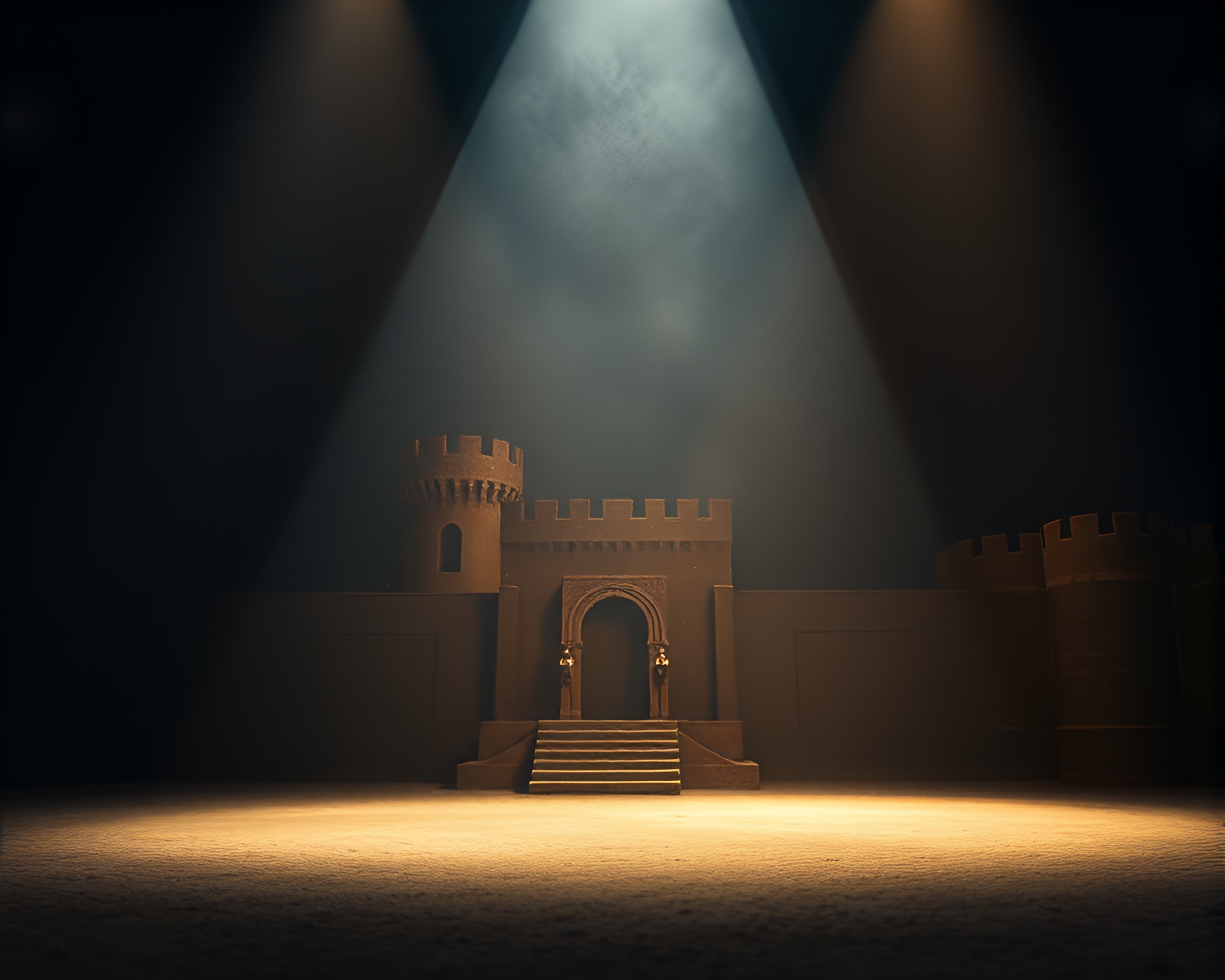 Eerie Tilt-Shift Deserted Castle Spotlight Scene – free AI stock image