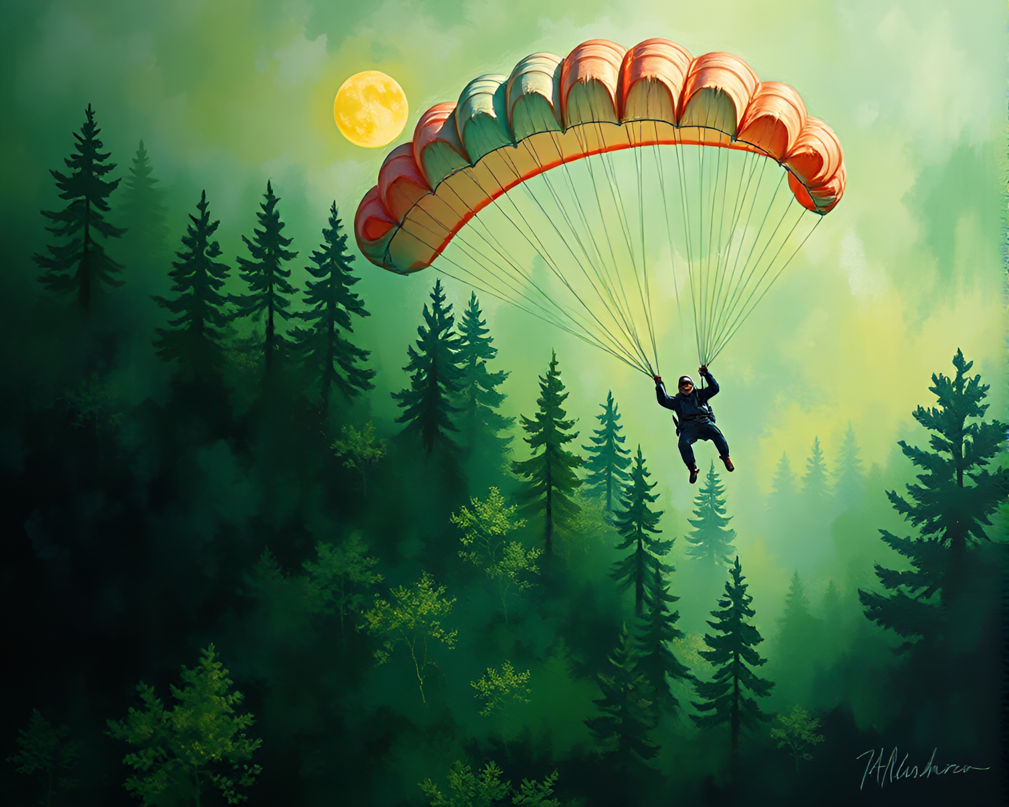 Enchanted Forest Parachute Jumper Impressionist Painting – free AI stock image