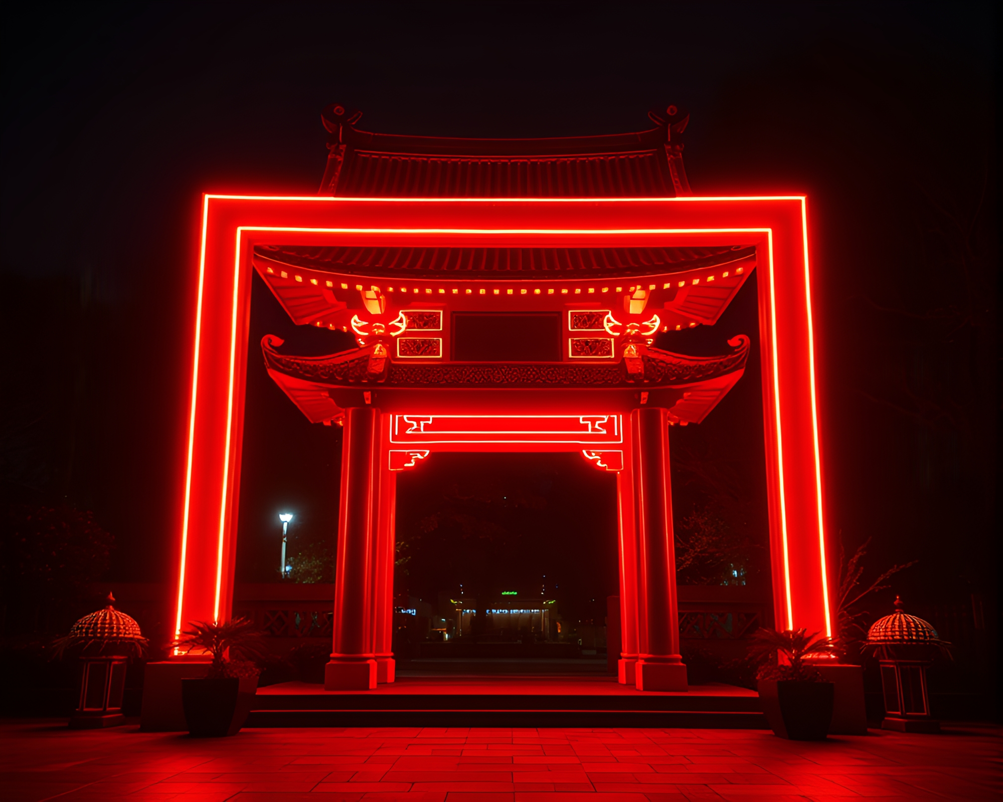Neon Pagoda: Tenebrism Frame Within Frame – free AI stock image