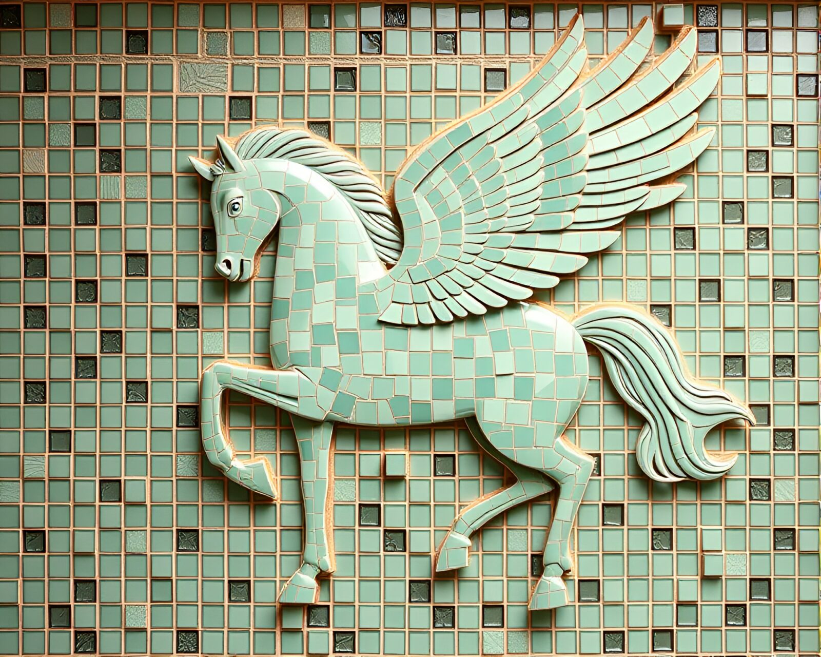 A beautifully detailed tiled mosaic of a mint green Pegasus