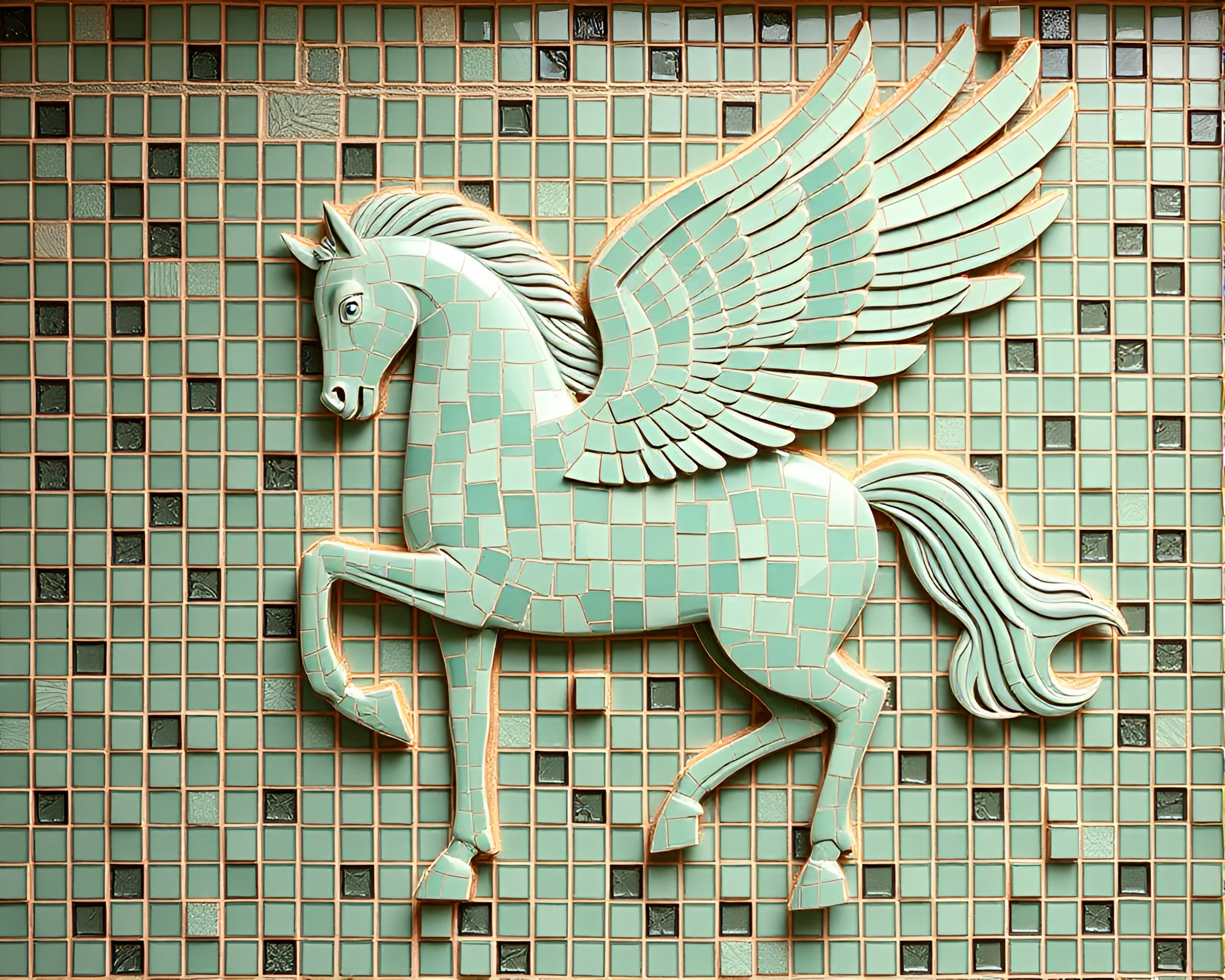 Hyper-Realistic Mint Green Pegasus Mosaic Art – free AI stock image