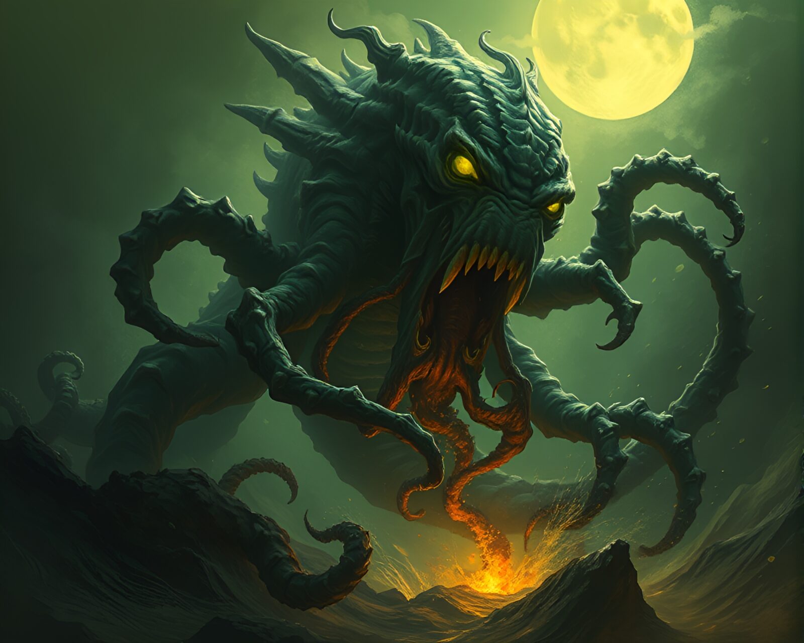 Fantasy illustration of a massive Kraken among olive light leaks