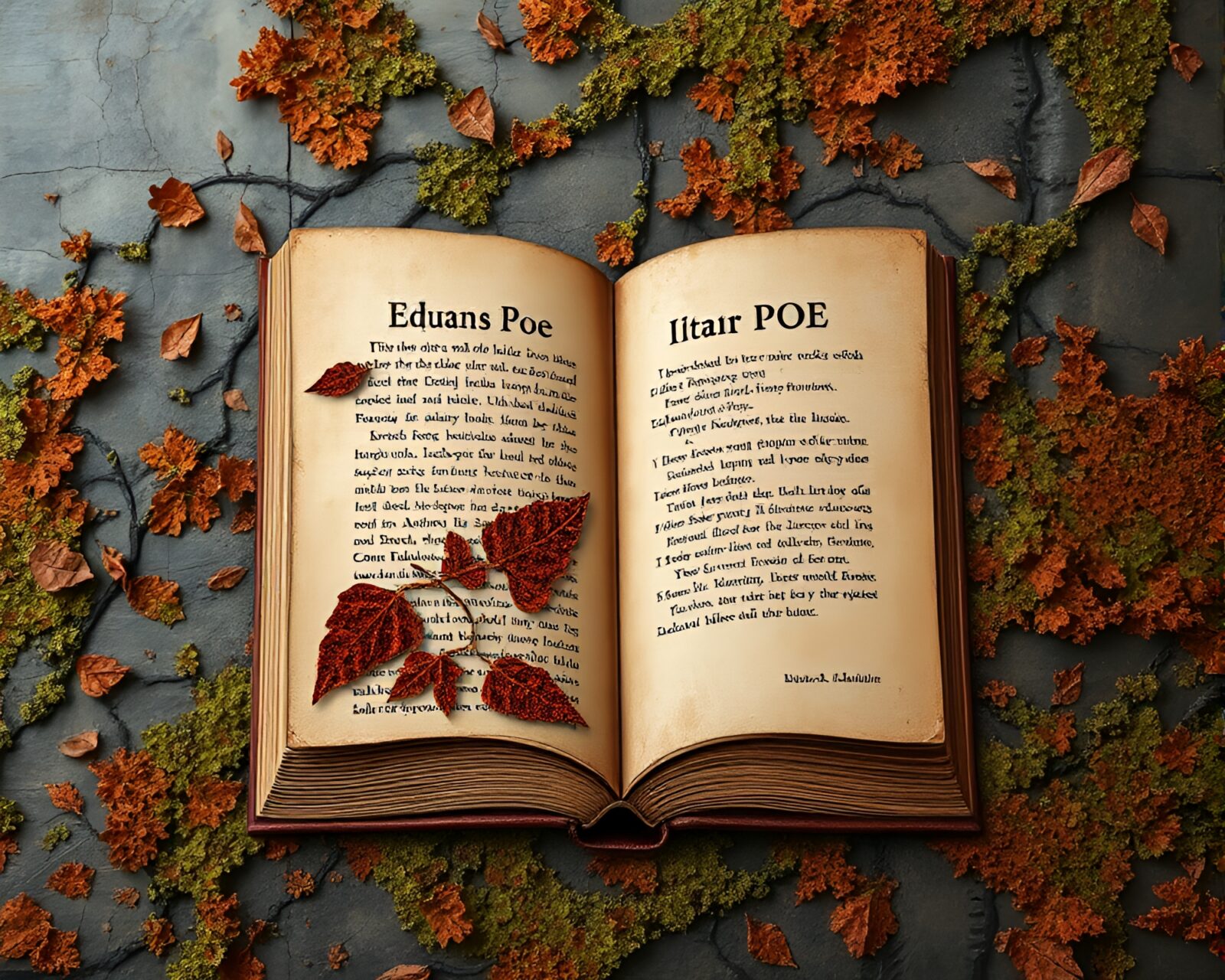 Mural painting of Poe book scene with copper hues and textured lichen