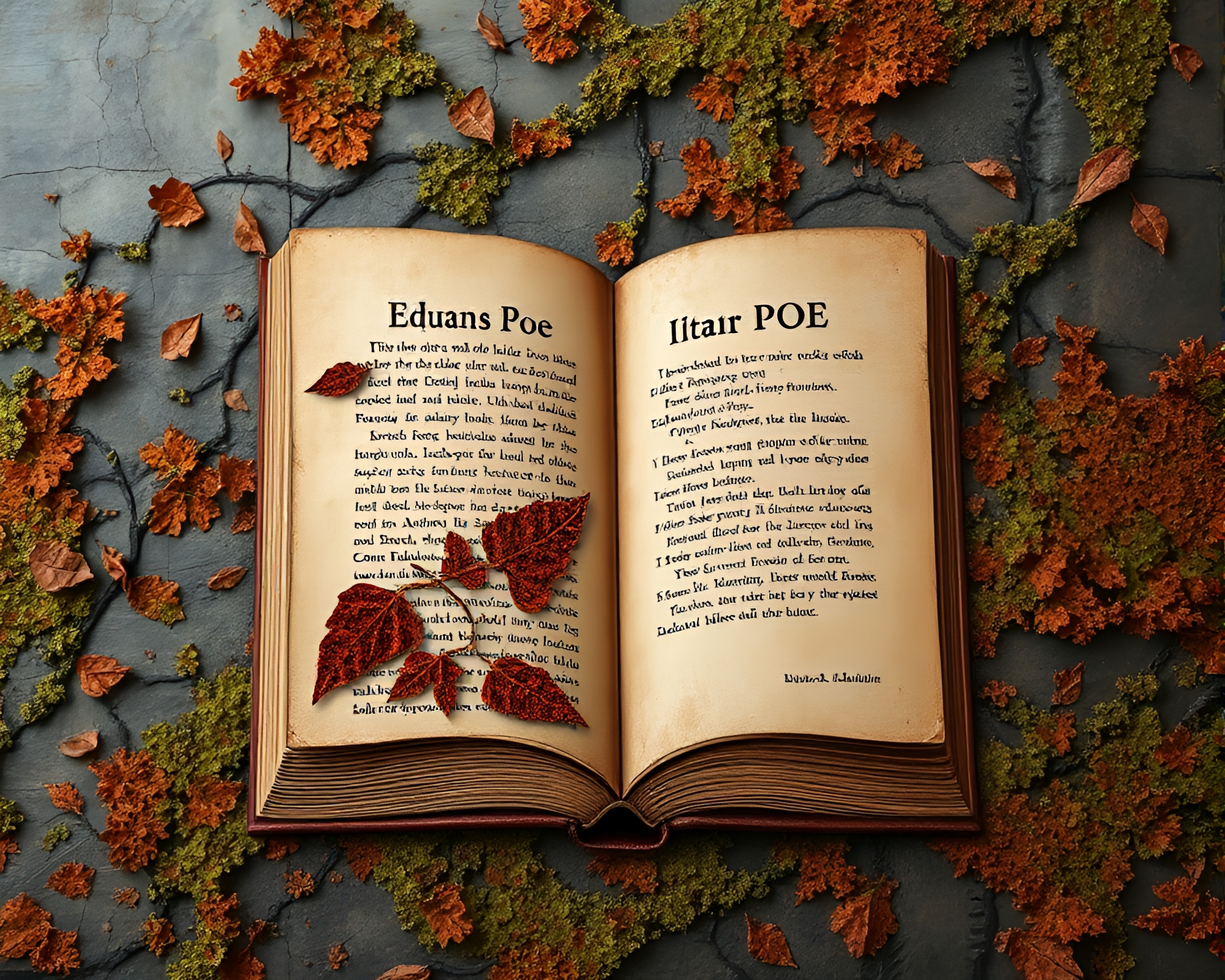 Edgar Allan Poe themed mural with copper tones and lichen texture – free AI stock image