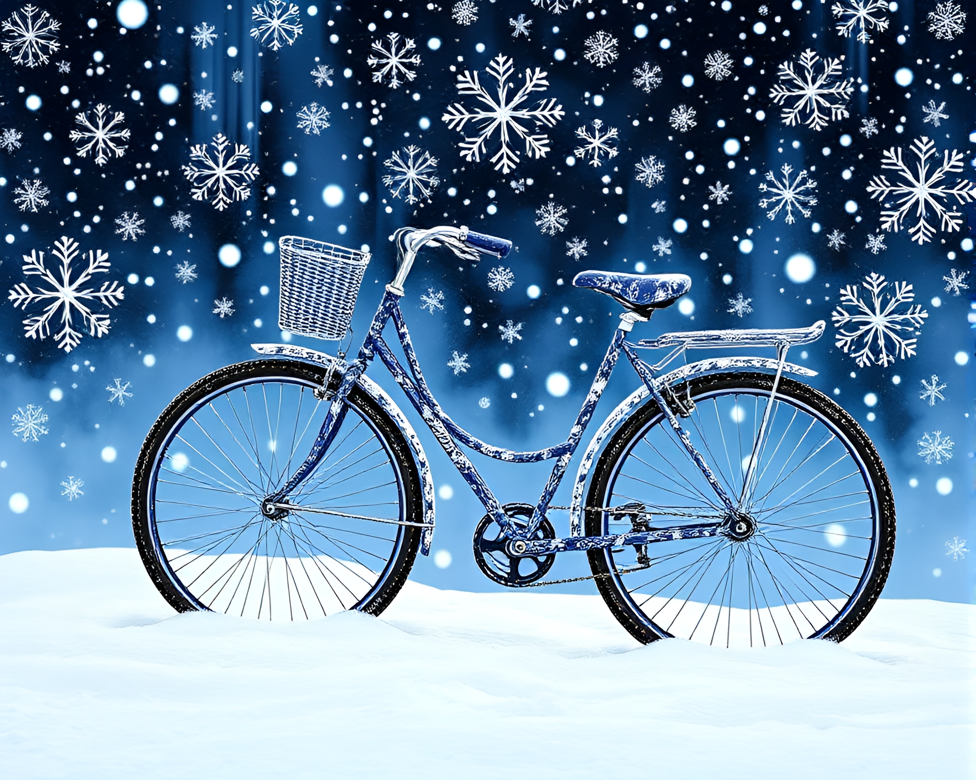 Snowflake Bicycle Ride with Cobalt Blue Glow – free AI stock image