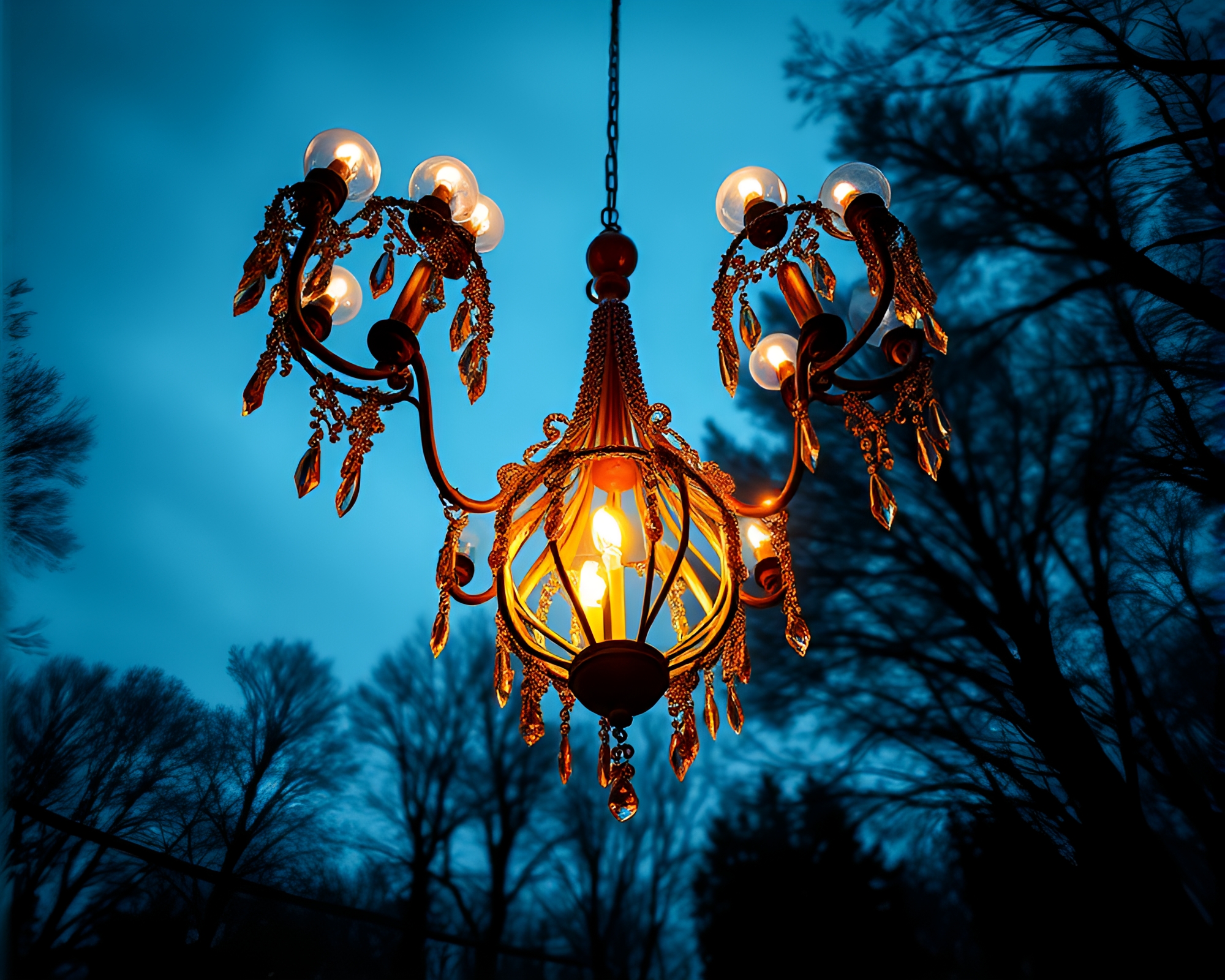 Ethereal Chandelier Glow in Forest Clearing – free AI stock image