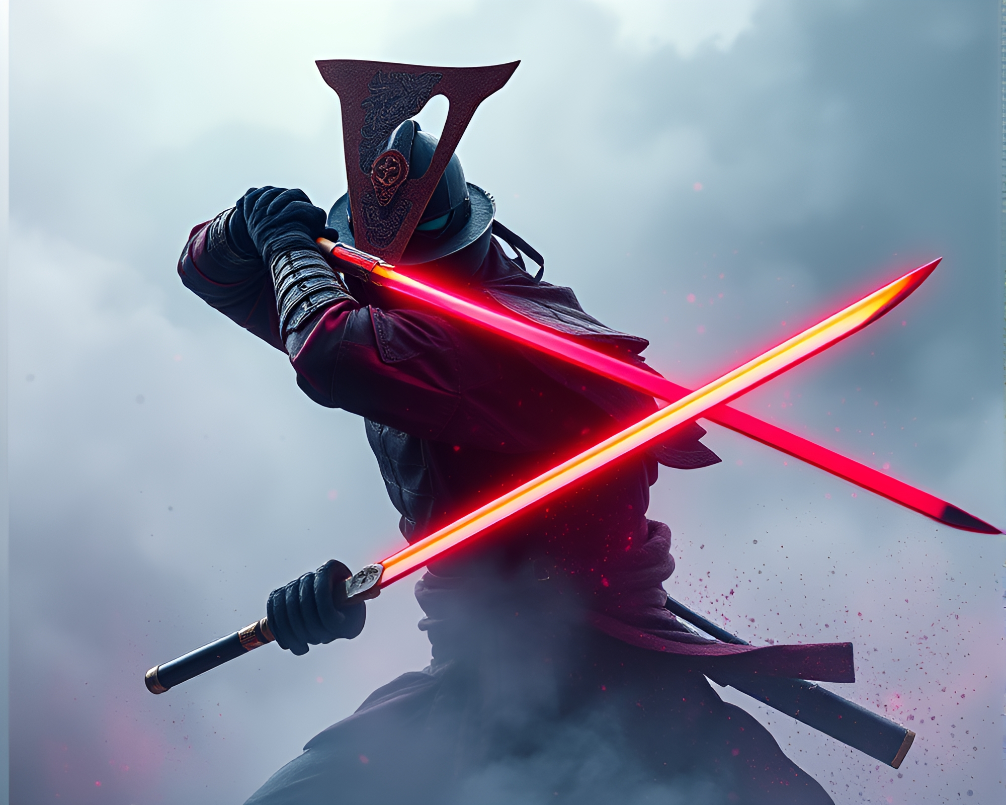 Neon Samurai Warrior in Impasto Fog Banks – free AI stock image