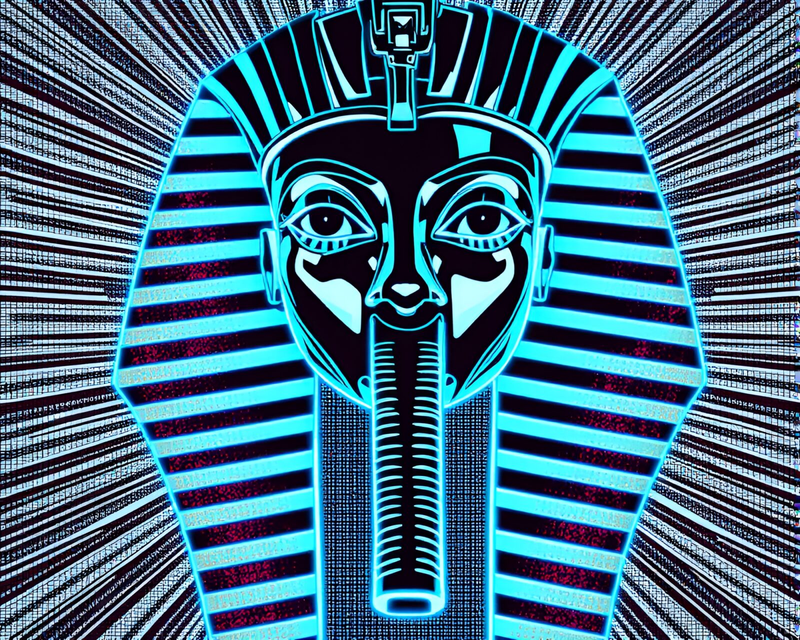 Neon graffiti illuminating an ancient Pharaoh's mask from above