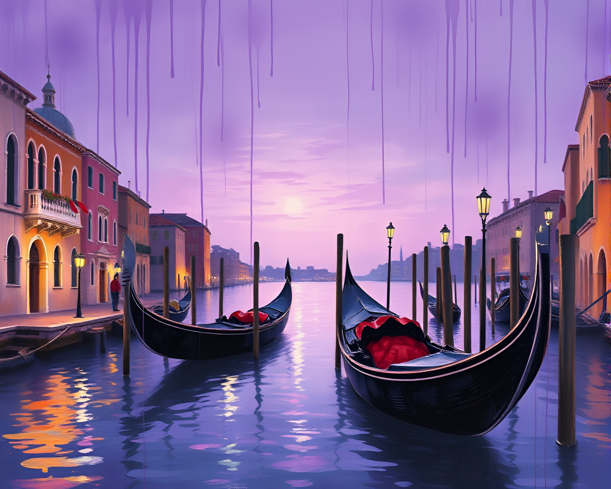 Twilight Gondola Ride with Paint Drips – free AI stock image