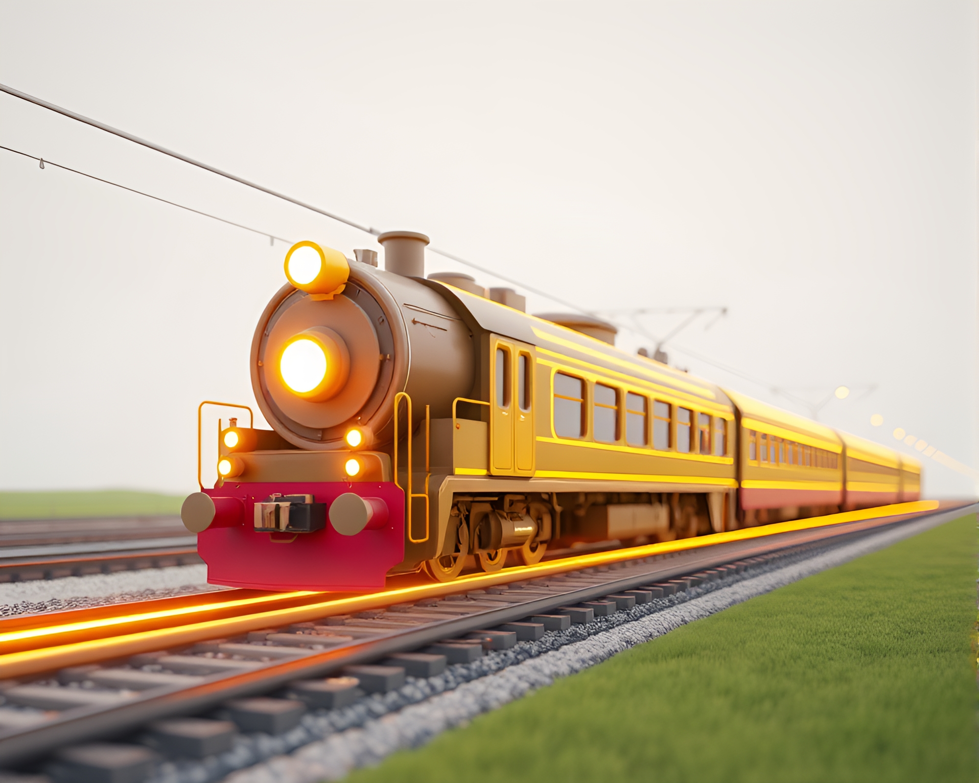 Train Light Trails Through Low-Poly Lemon Statue Landscape – free AI stock image