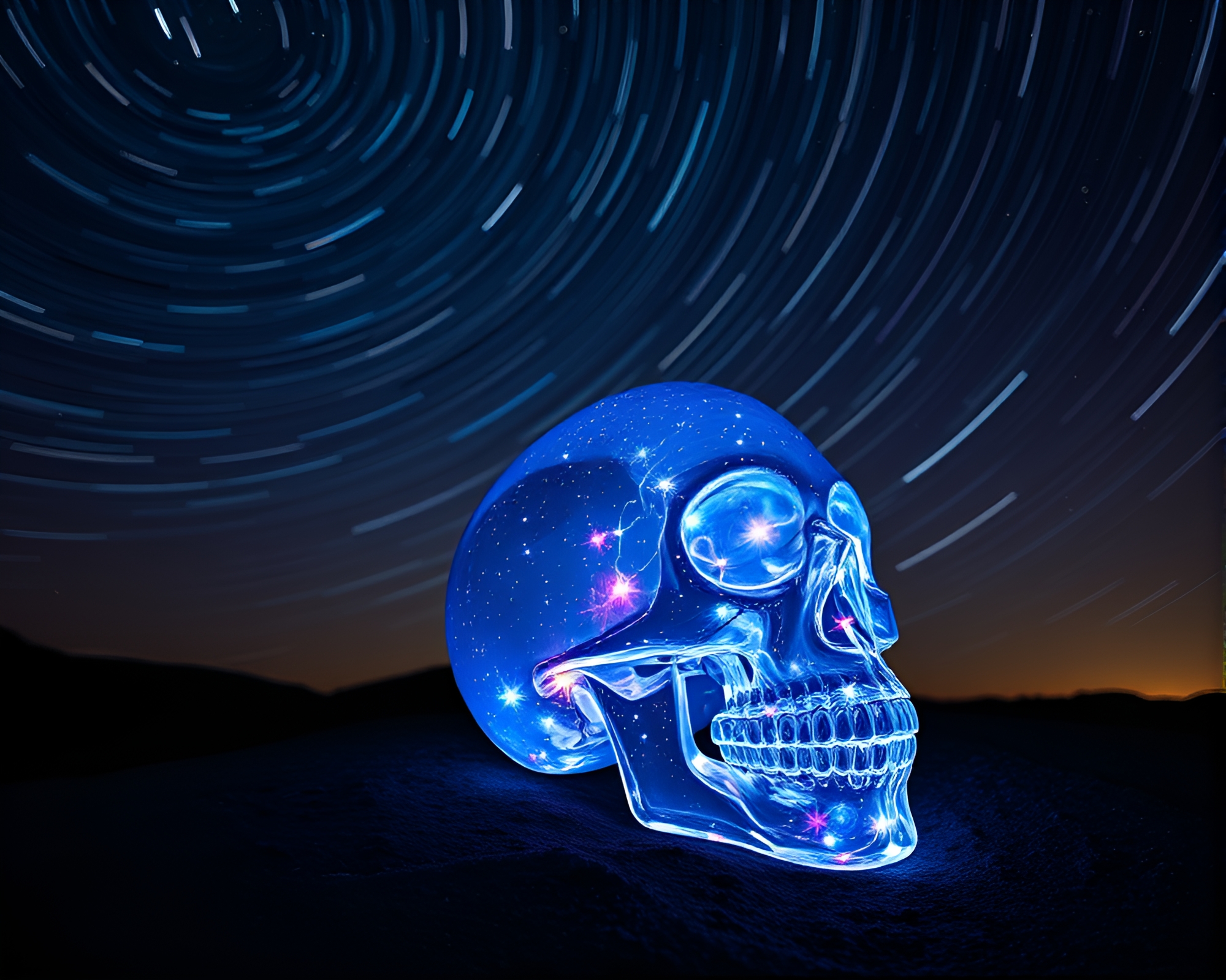 Star Trails Illuminating Crystal Skull in Bioluminescent Glow – free AI stock image
