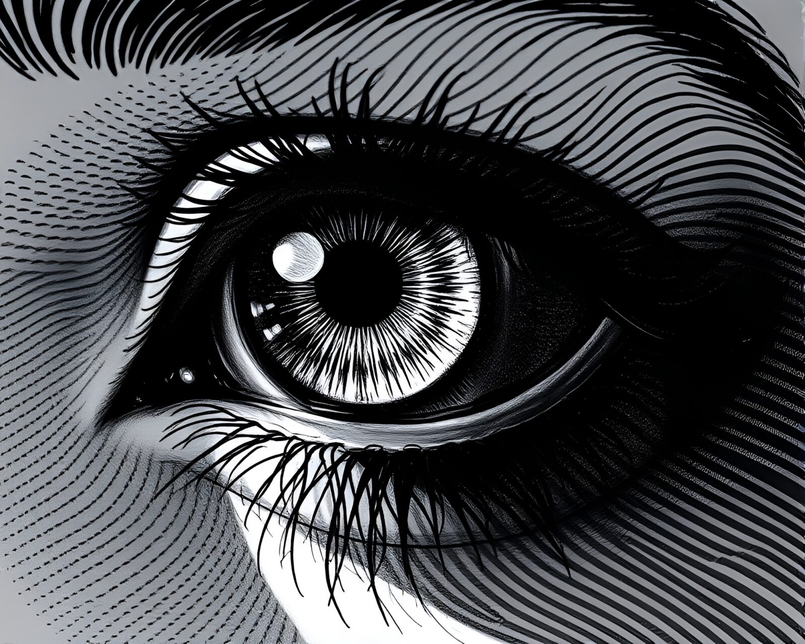 Detailed crosshatched engraving of futuristic smart contact lens