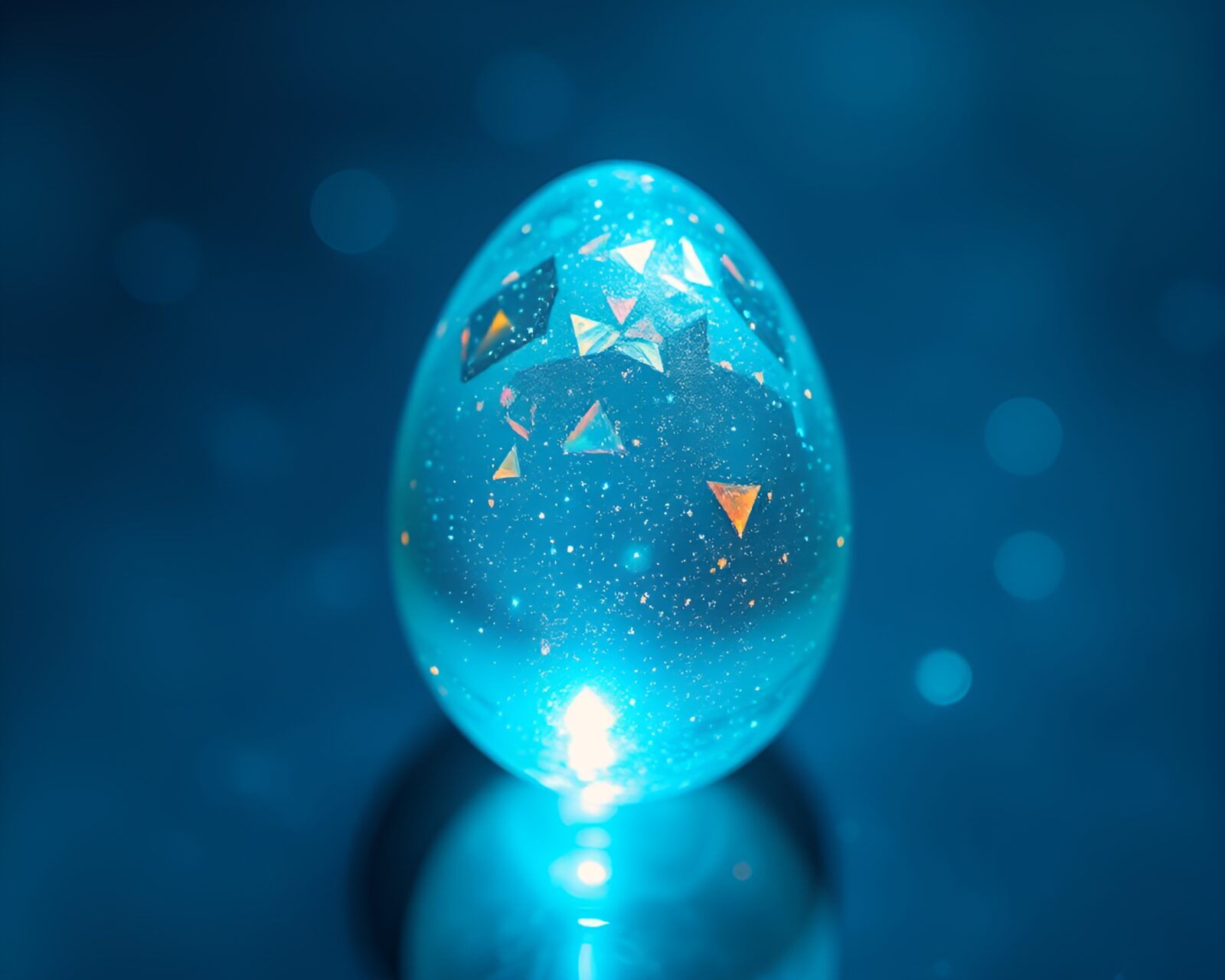 Large sapphire monolith emitting holographic specks in dark egg tempera