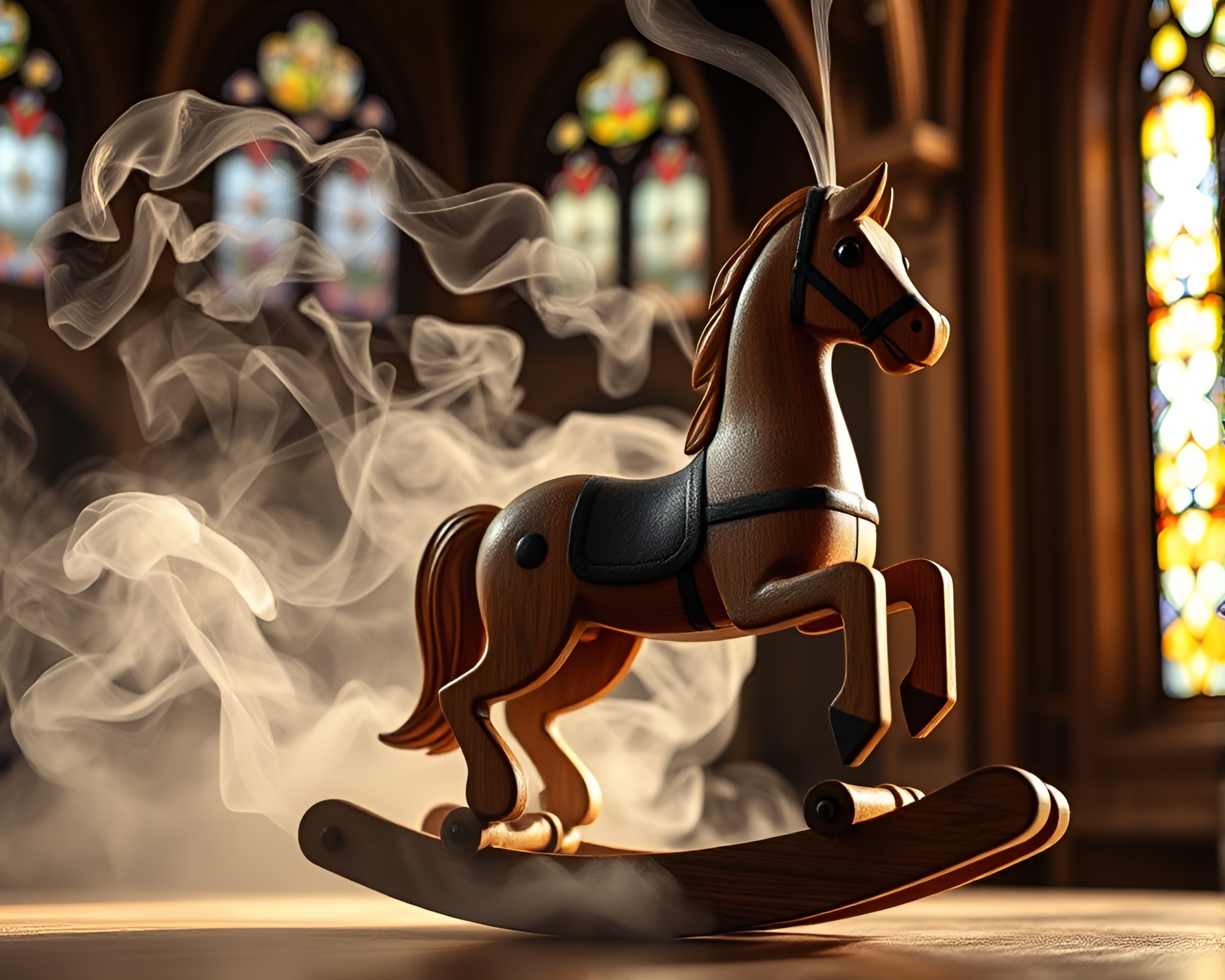 Enchanting Wooden Rocking Horse in Cathedral Light – free AI stock image
