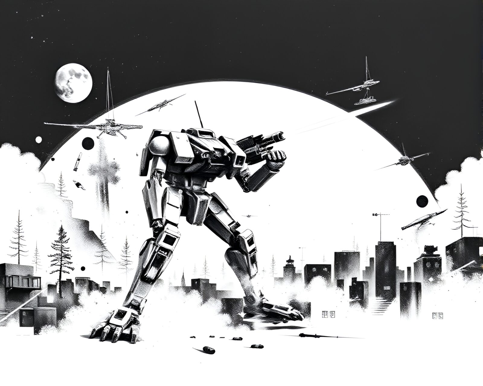 Monochrome blue collage of a powerful battle mech in negative space