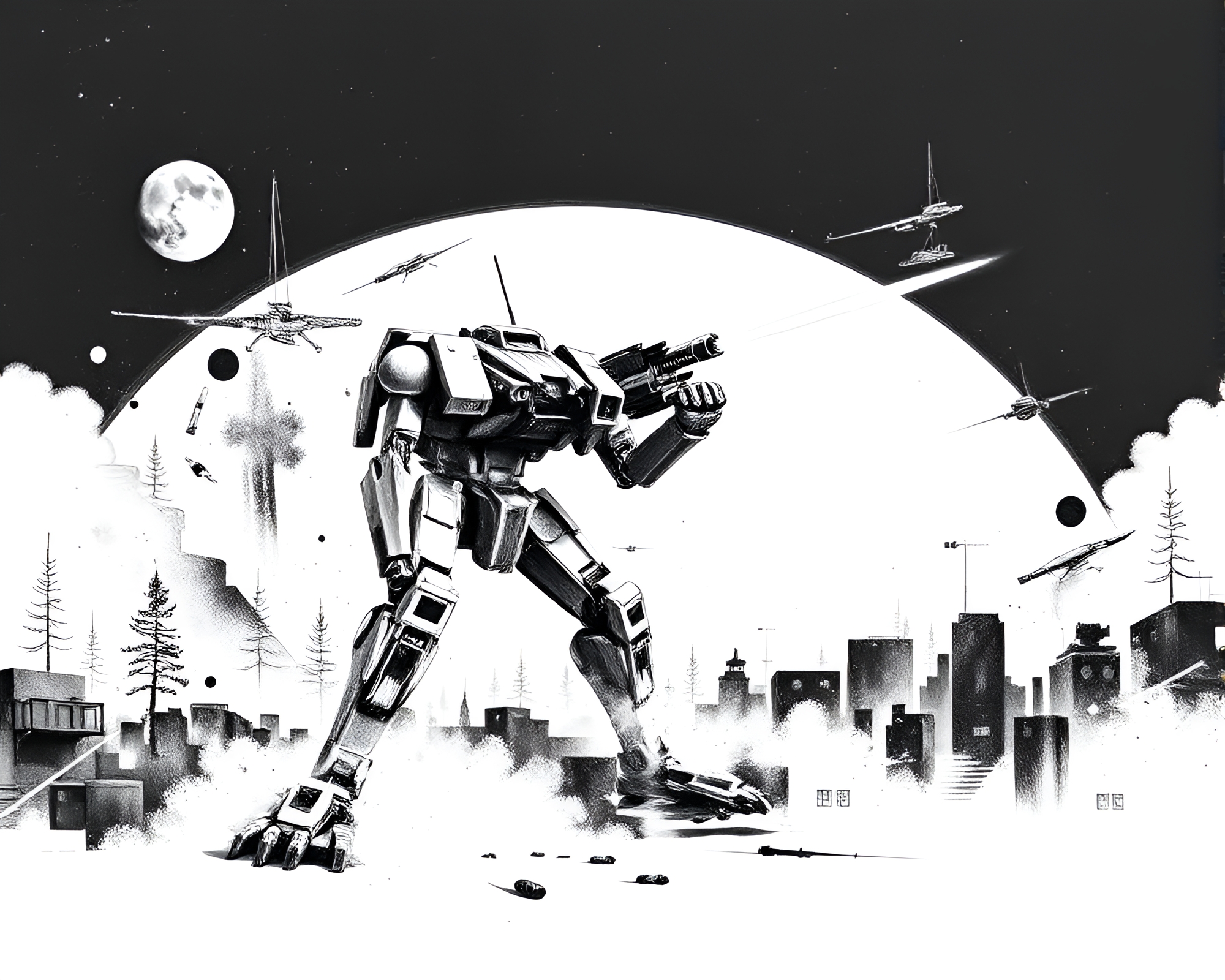Futuristic Battle Mech in Blue-Toned Collage Art – free AI stock image