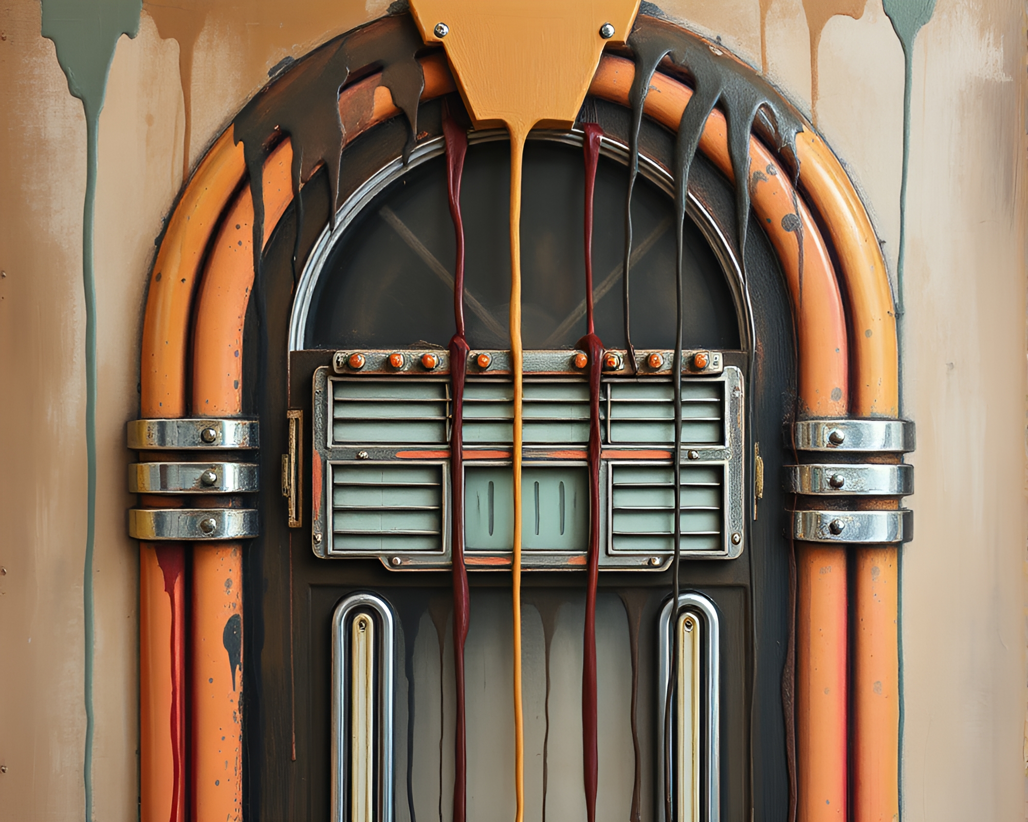 Vintage jukebox in sgraffito style with spray paint drips – free AI stock image