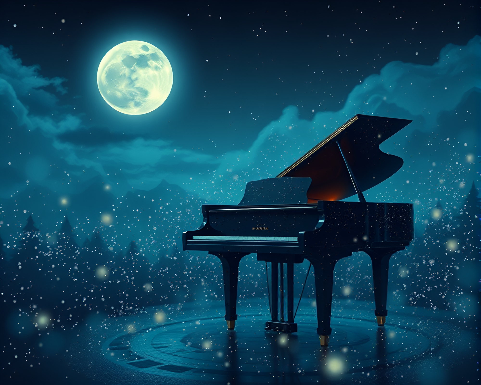 Moonlit Piano Serenade Among Floating Bio-Organic Particles – free AI stock image