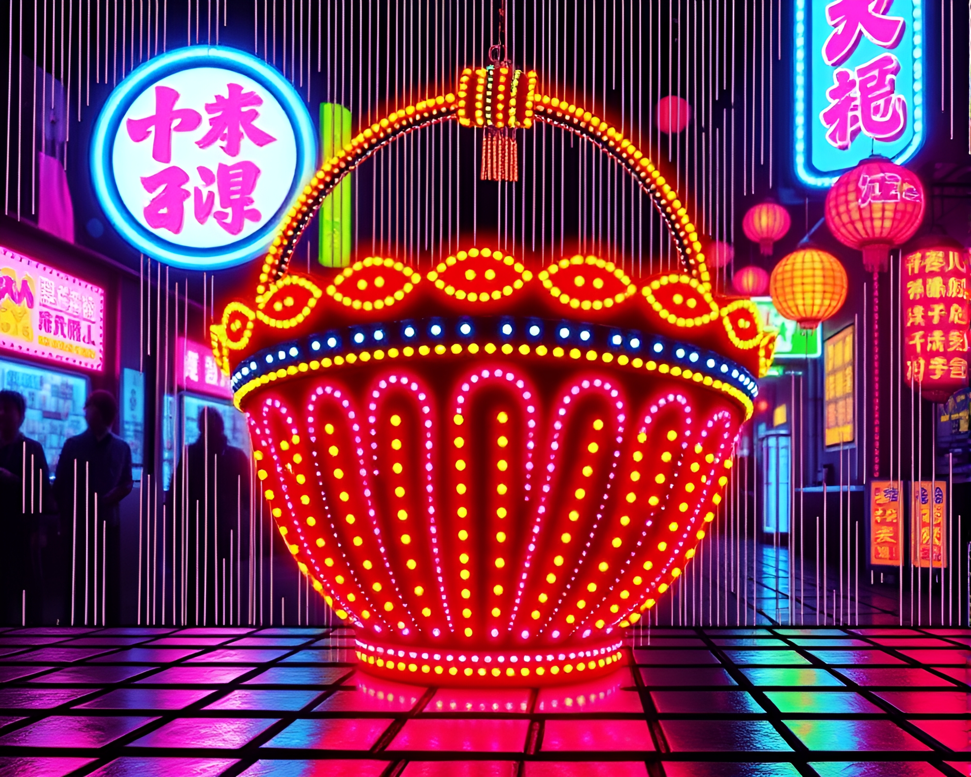 Neon Graffiti Dim Sum Basket in Pop Art Style – free AI stock image