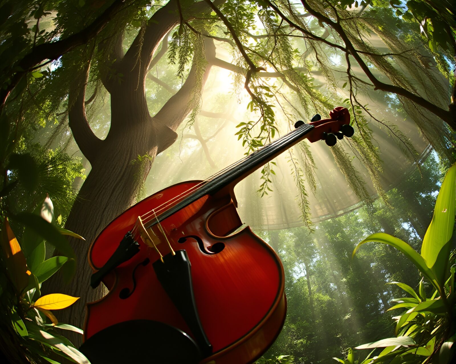Violinist under jungle canopy in fisheye fashion drawing