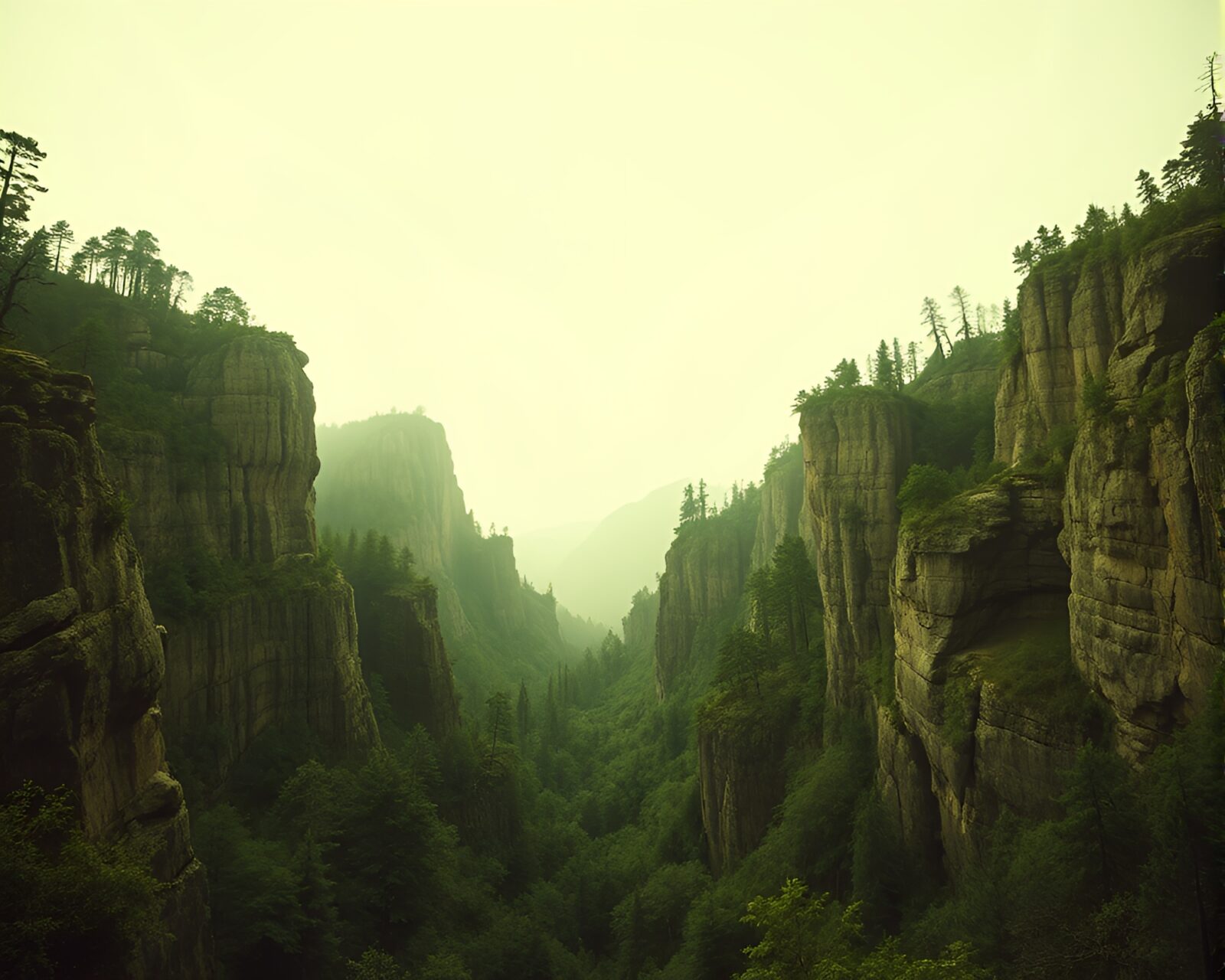 A wide-angle view of an enchanted forest canyon in sepia tones