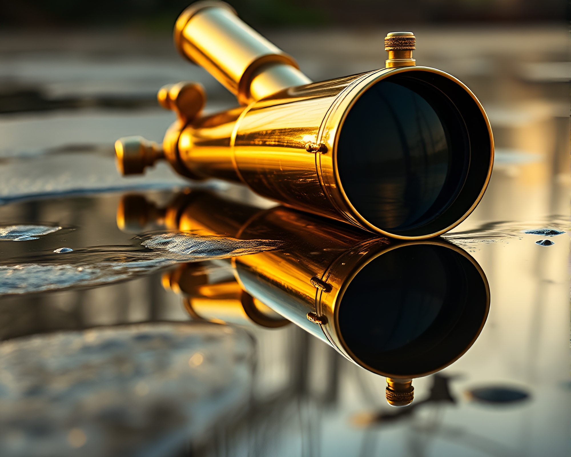 Puddle Reflections of a Brass Telescope in CRT Flicker – free AI stock image