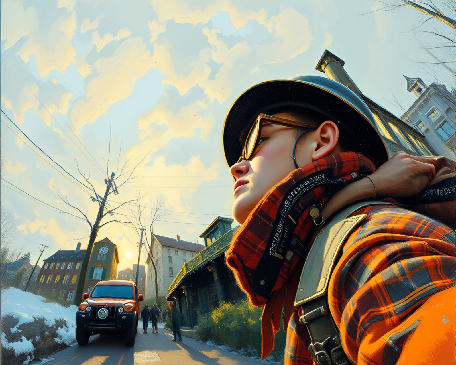 A fantastical impressionist painting of a time traveler