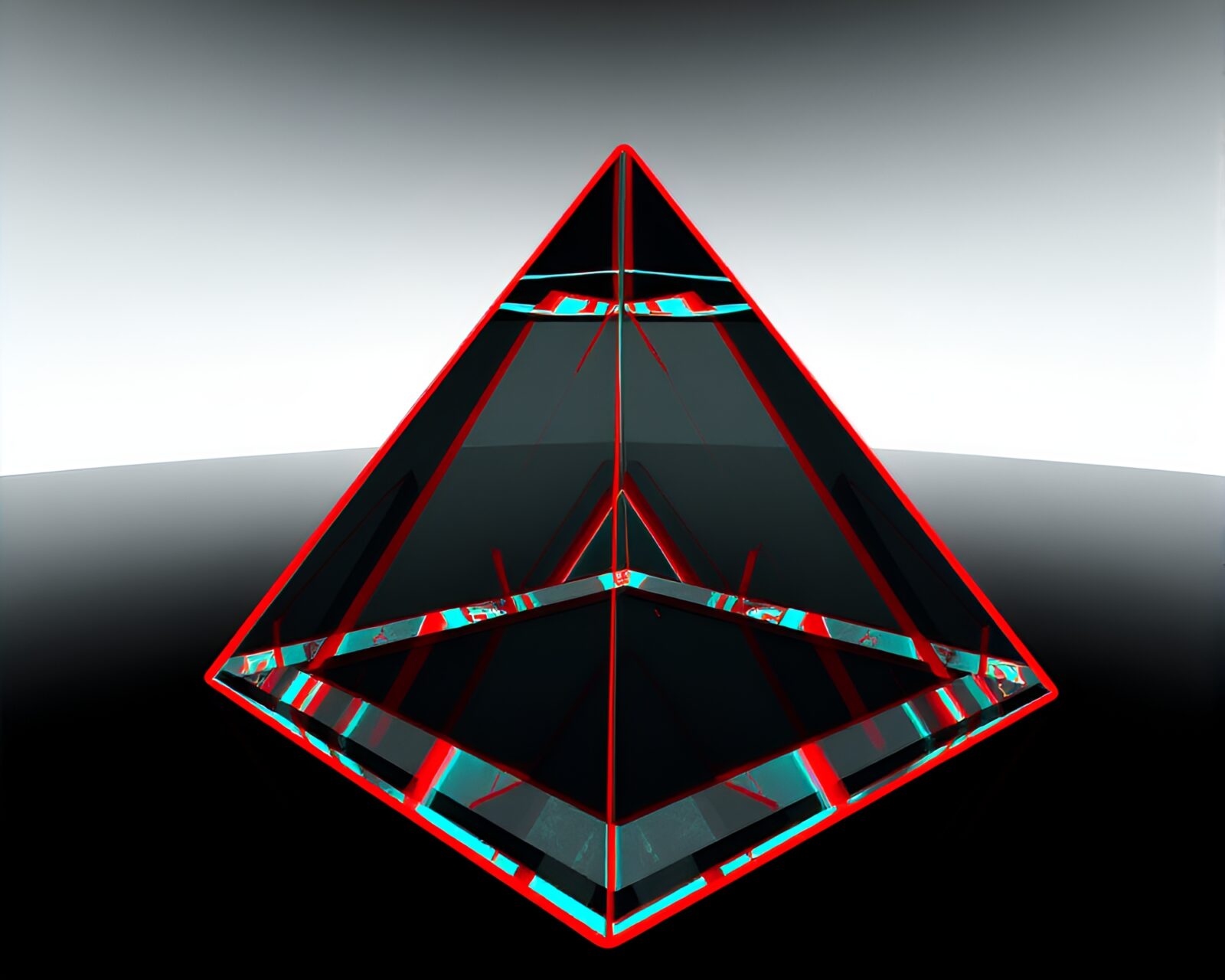 Abstract glass pyramid with geometric patterns in bright anaglyph 3D