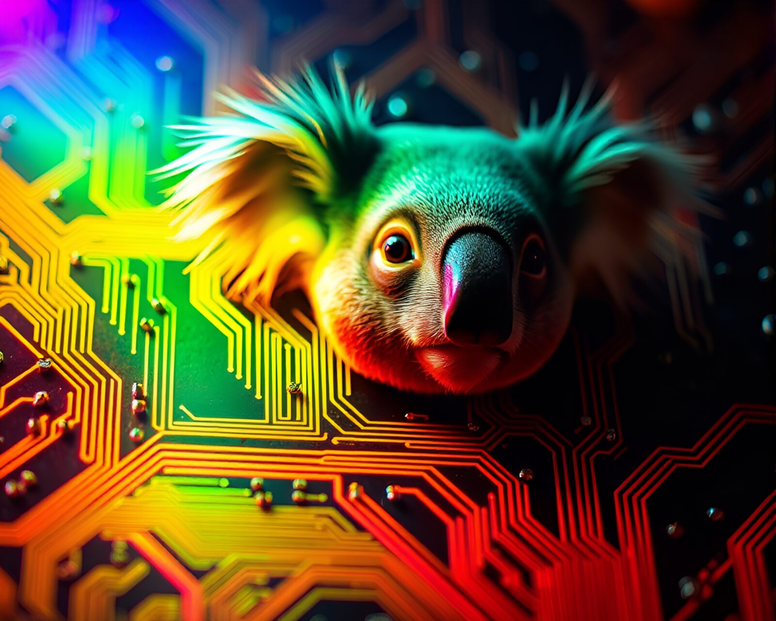 Colorful rainbow circuit board with koala under bright light