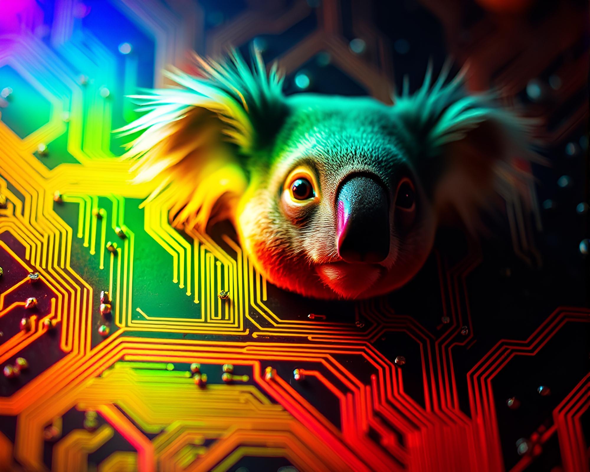 Koala exploring rainbow circuit board under spotlight – free AI stock image