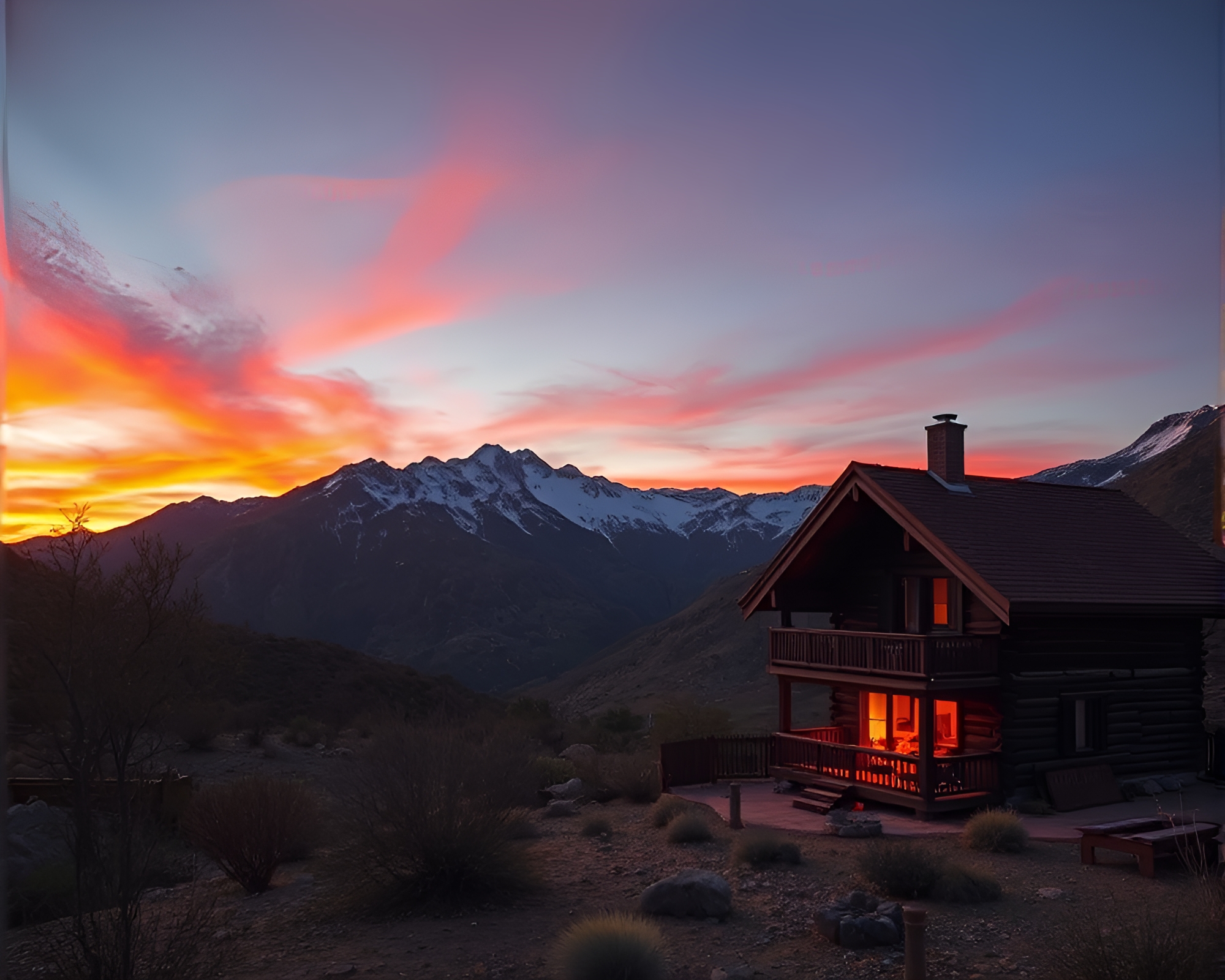 Alpine Chalet at Desert Sunset with Floating Embers – free AI stock image