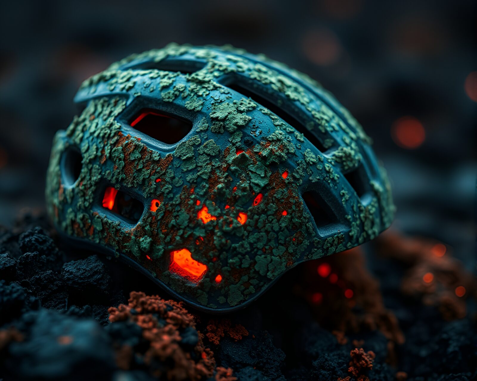 Shallow focus on helmet covered with lichen, red aura