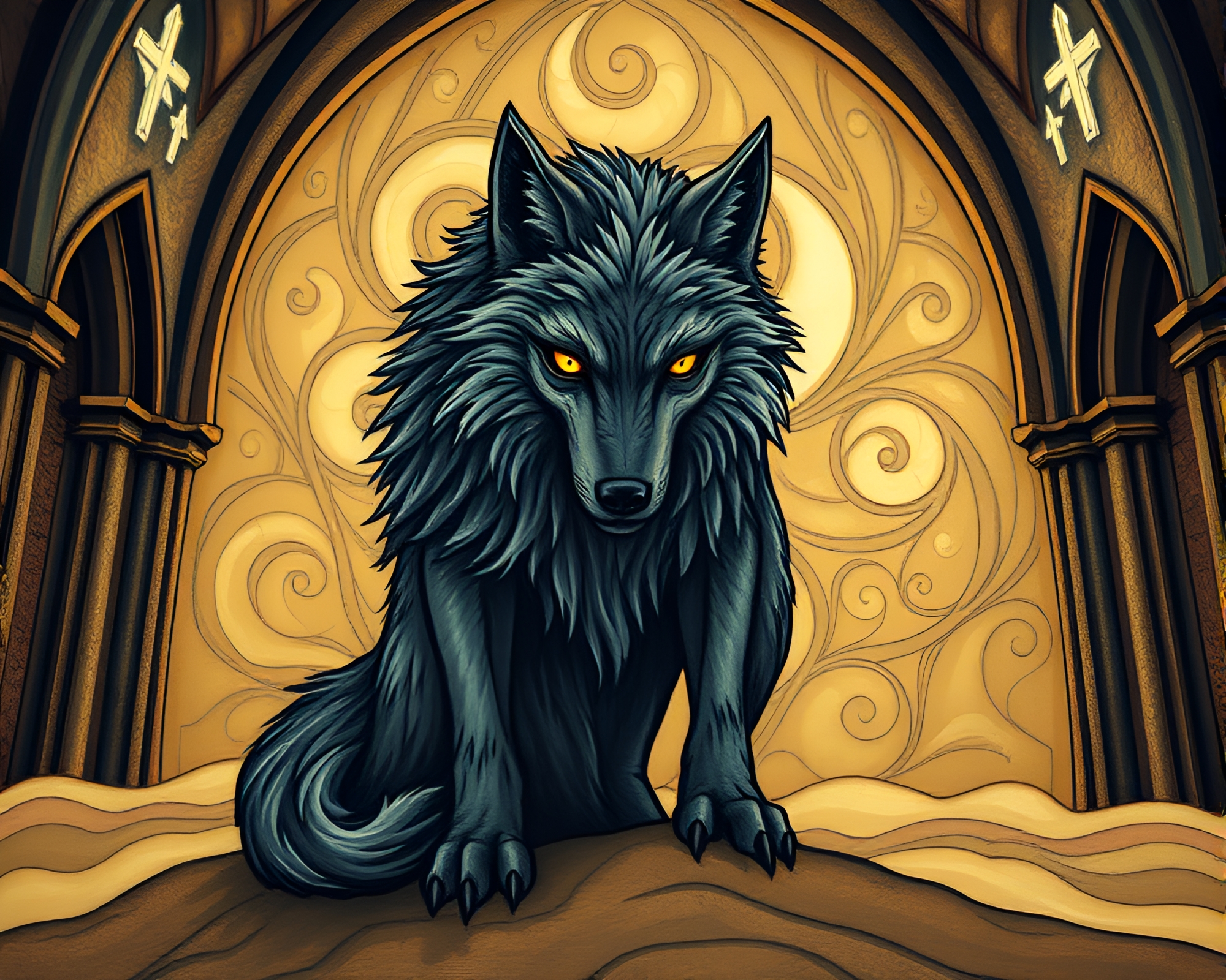 Ethereal Werewolf Cathedral Sand Swirl Painting – free AI stock image