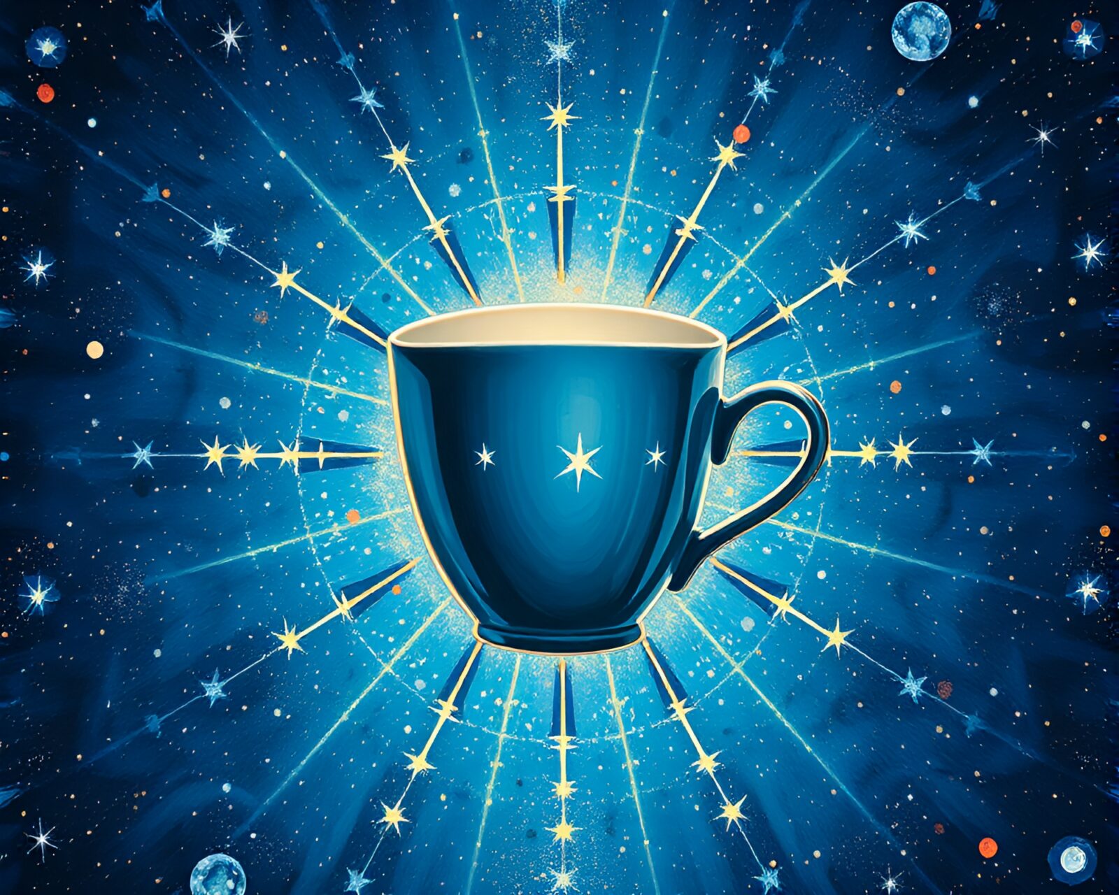 A coffee cup painting under a starlit sky