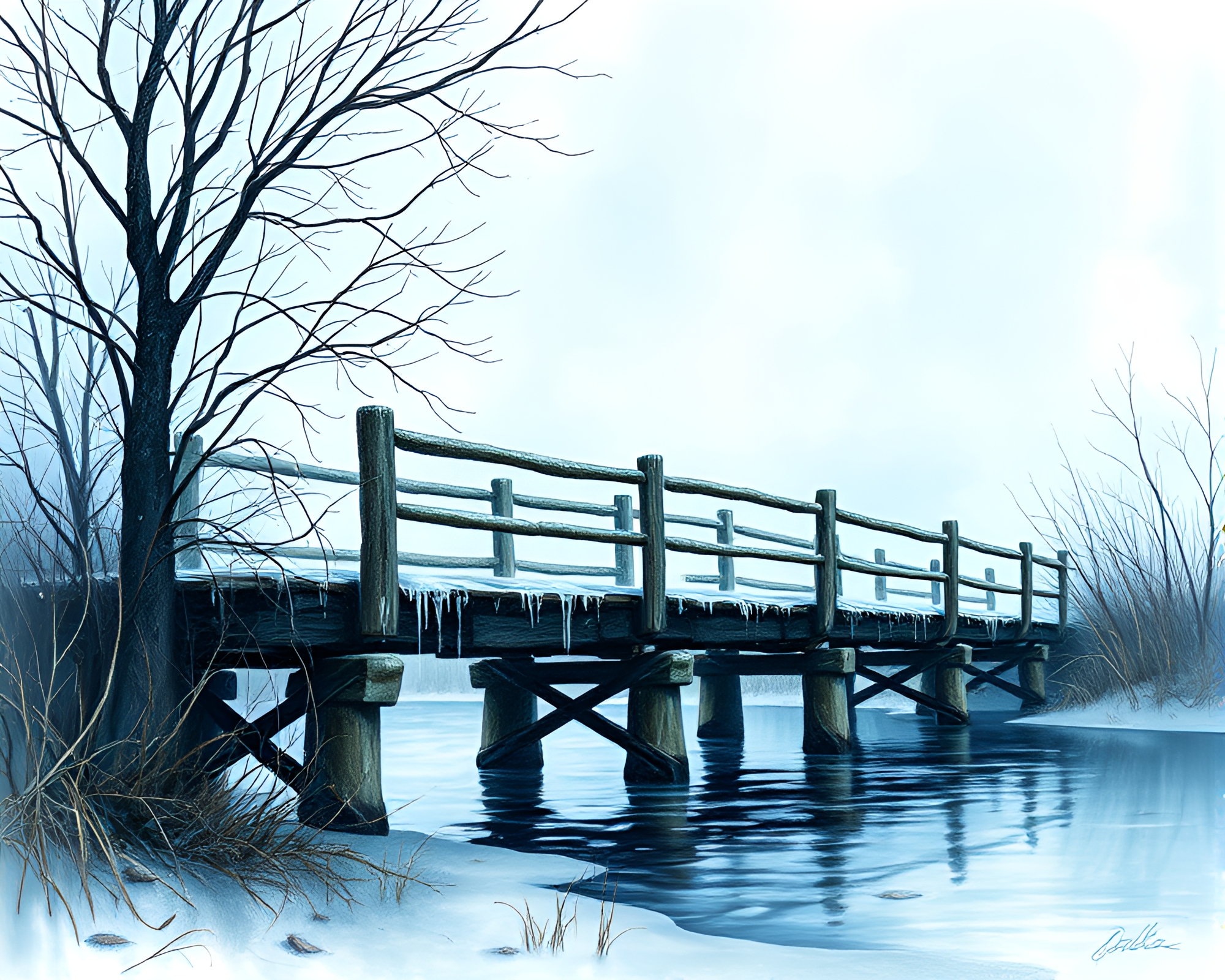 Enchanting Wooden Bridge with Dew Drops in Ice-blue Light – free AI stock image