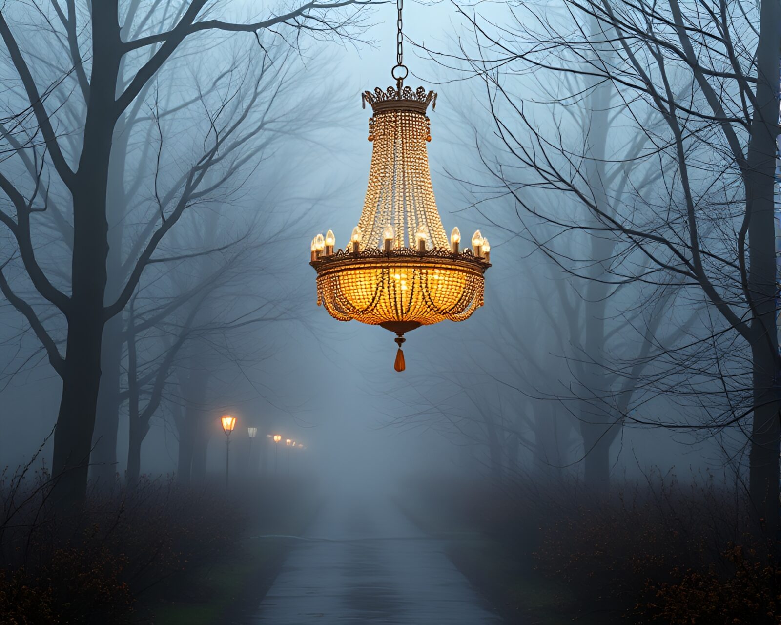 Ethereal Victorian light fixture in intricate bead detailing amidst fog