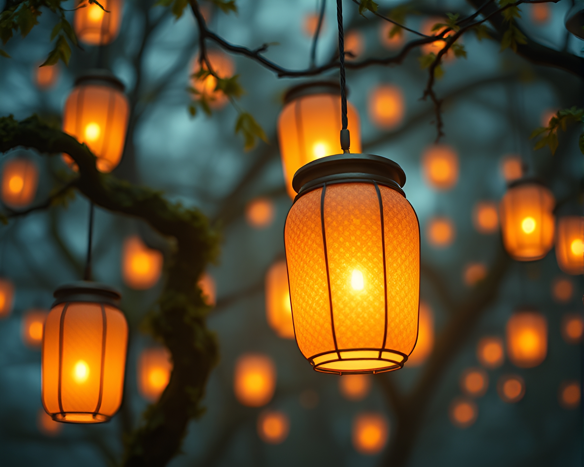 Luminous Floating Lanterns Illuminating Lichen Textured Landscape – free AI stock image