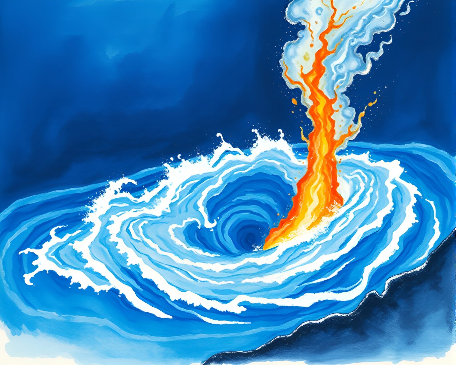 Conté crayon drawing of swirling water and volcanic eruption
