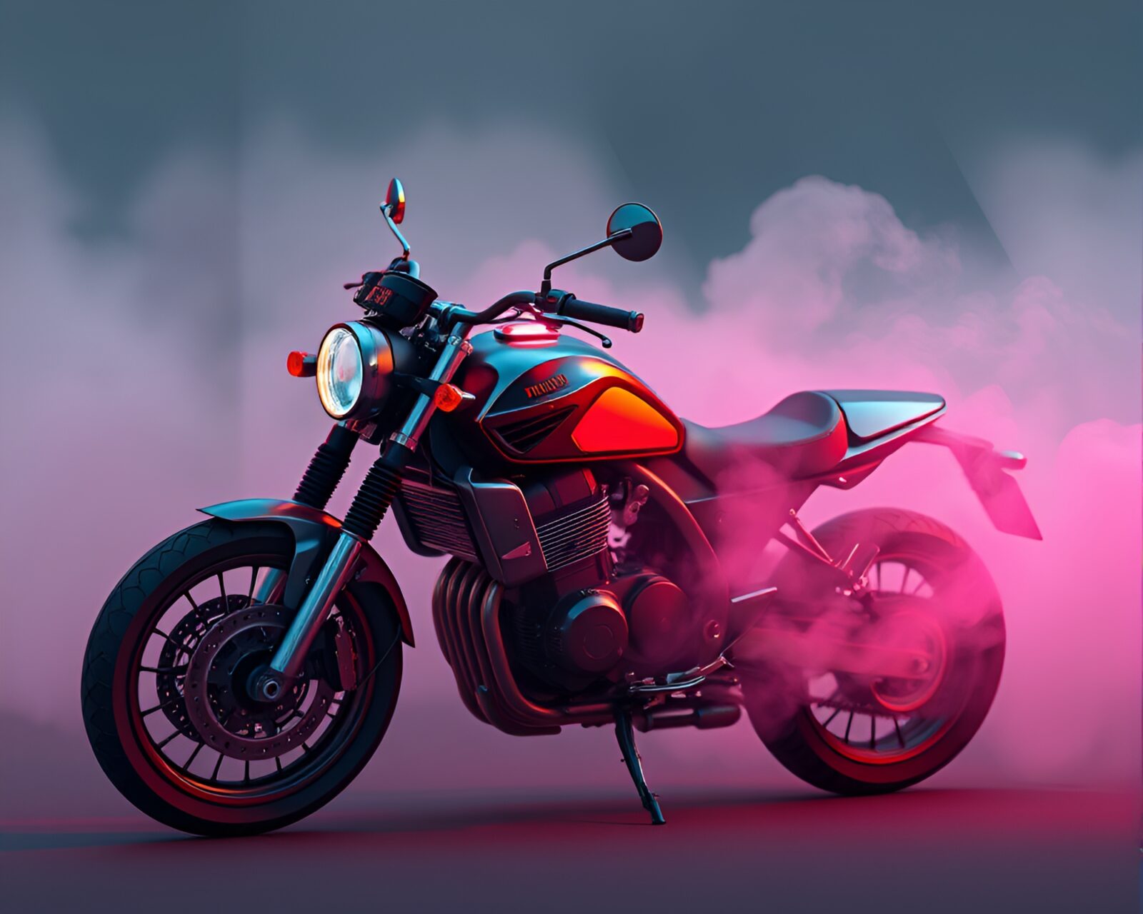High-poly 3D render of a dreamy motorcycle ride in steam vapor