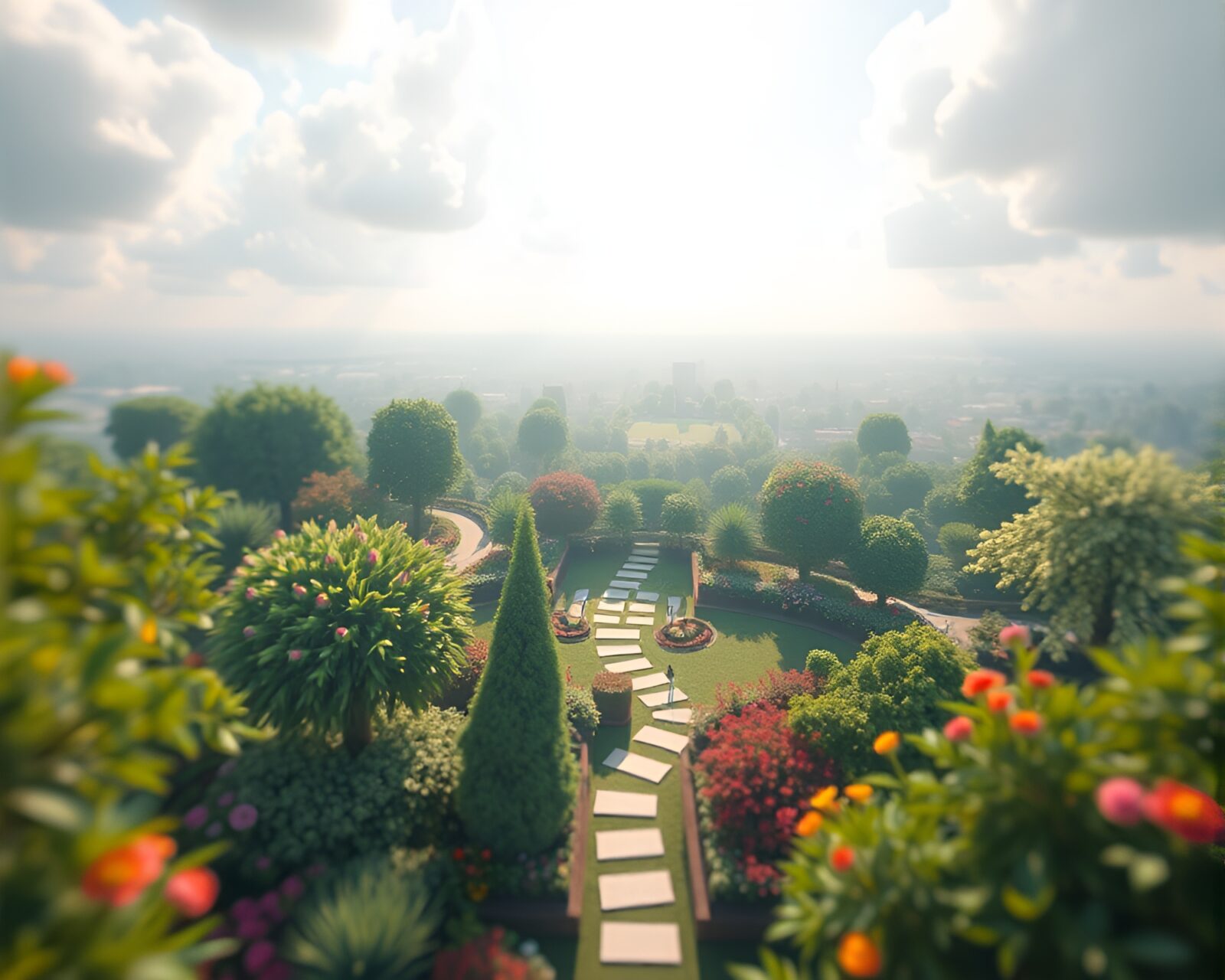 A mesmerizing 3D render of a sky garden with acid wash colors