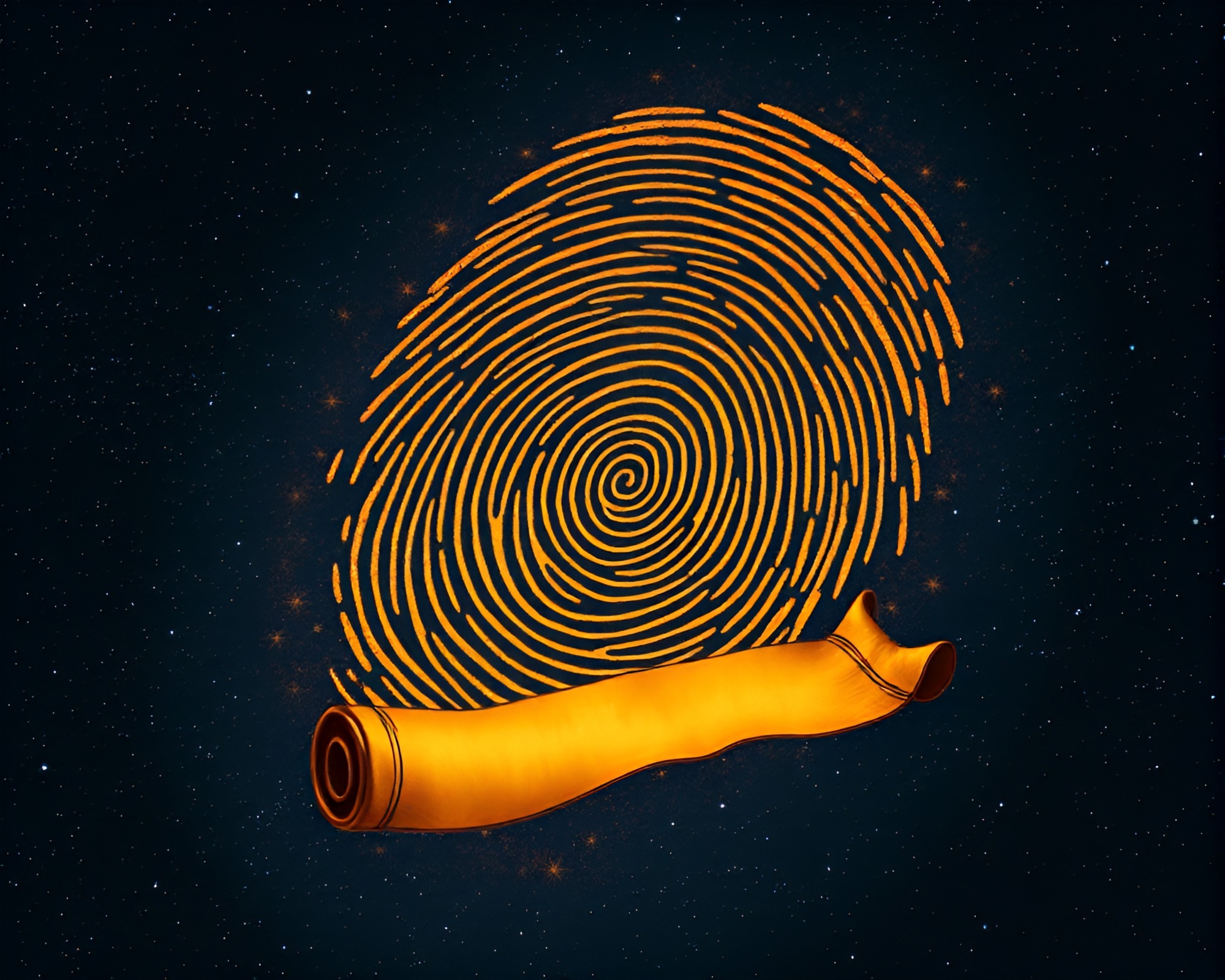 Mystical Ancient Scroll Unveiled Under Starlit Fingerprint Swirls – free AI stock image