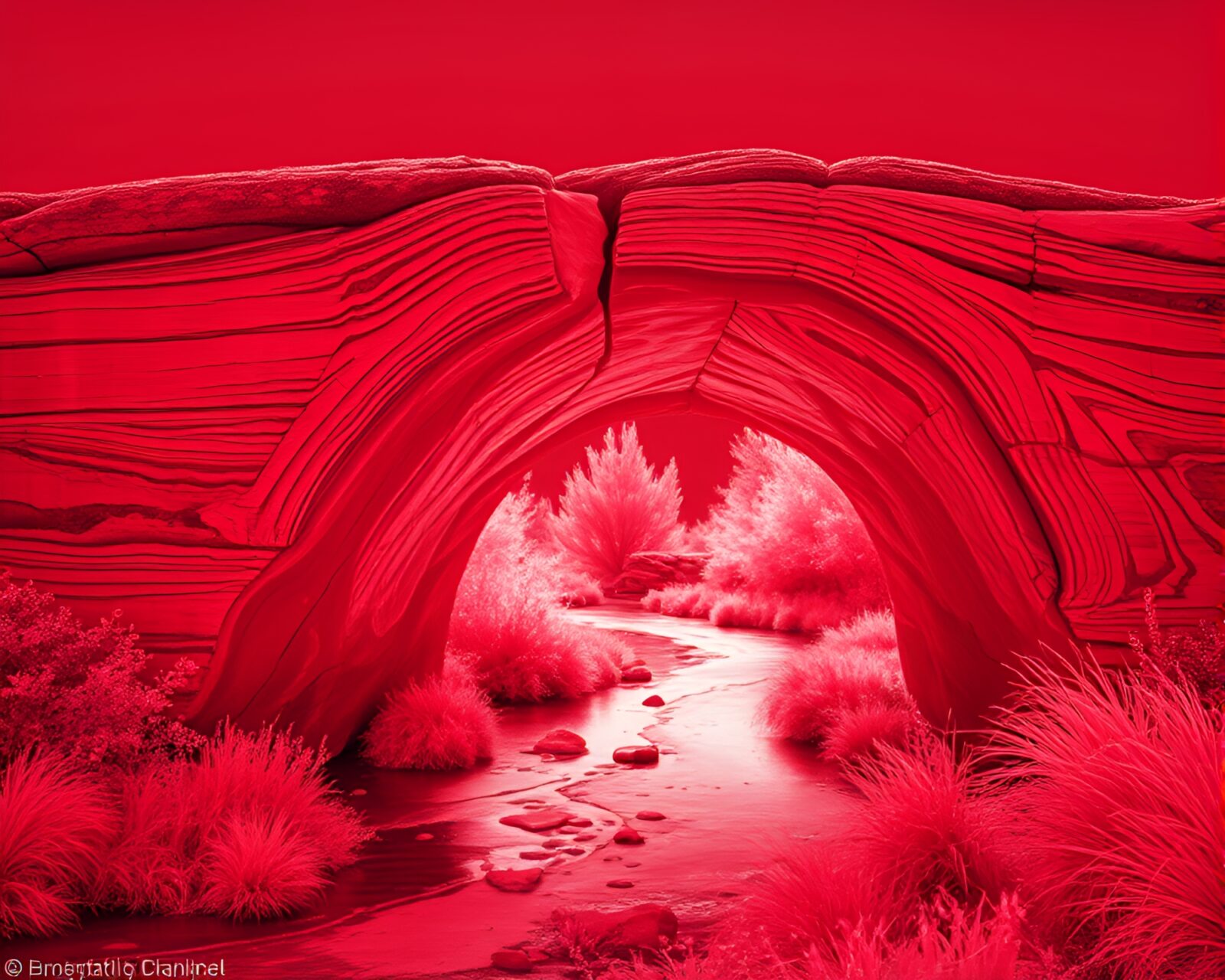 Impasto oil ridges on a ruby red infrared arch bridge