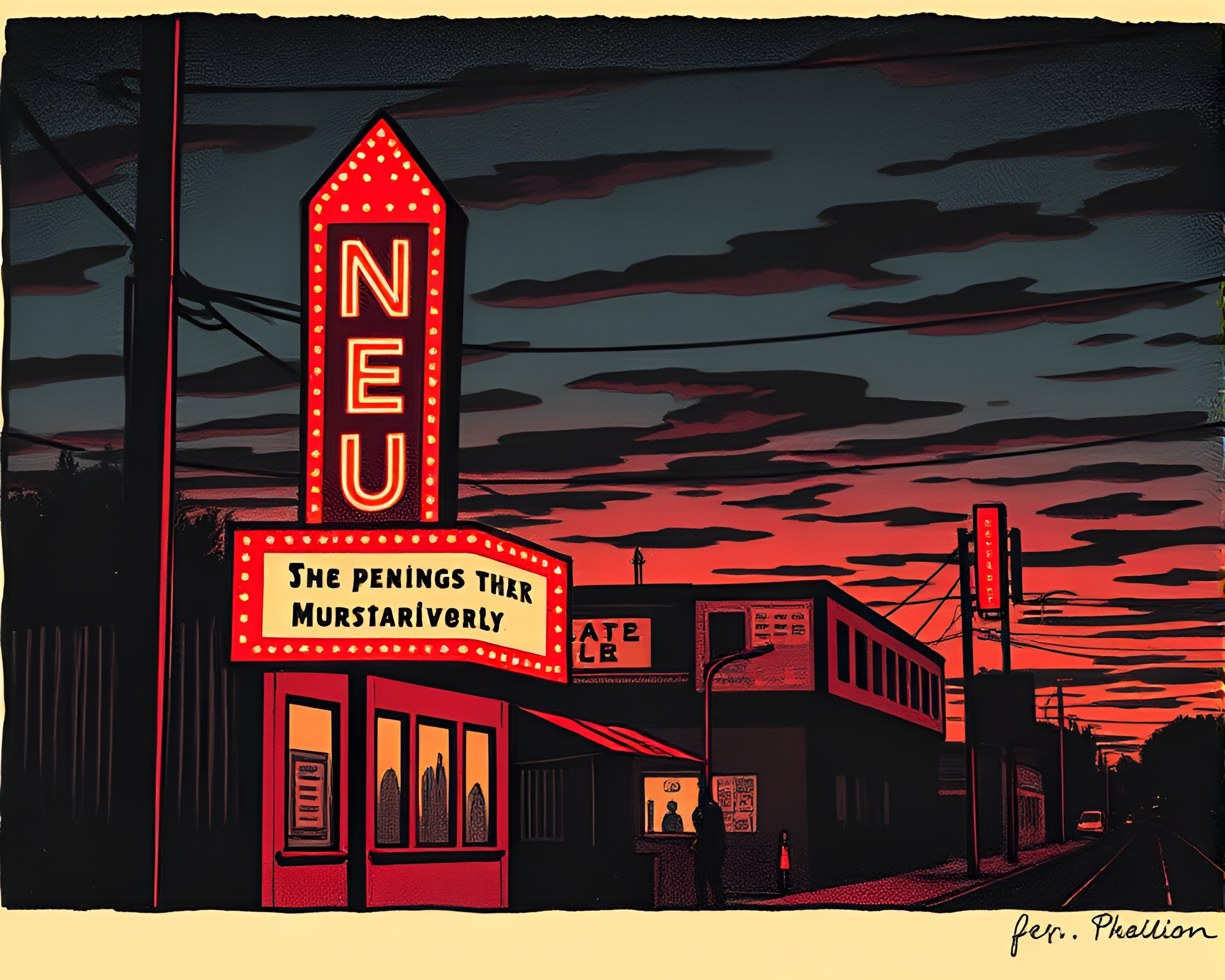 Neon Sign Glow in Dusk Candlelit Linocut Composition – free AI stock image