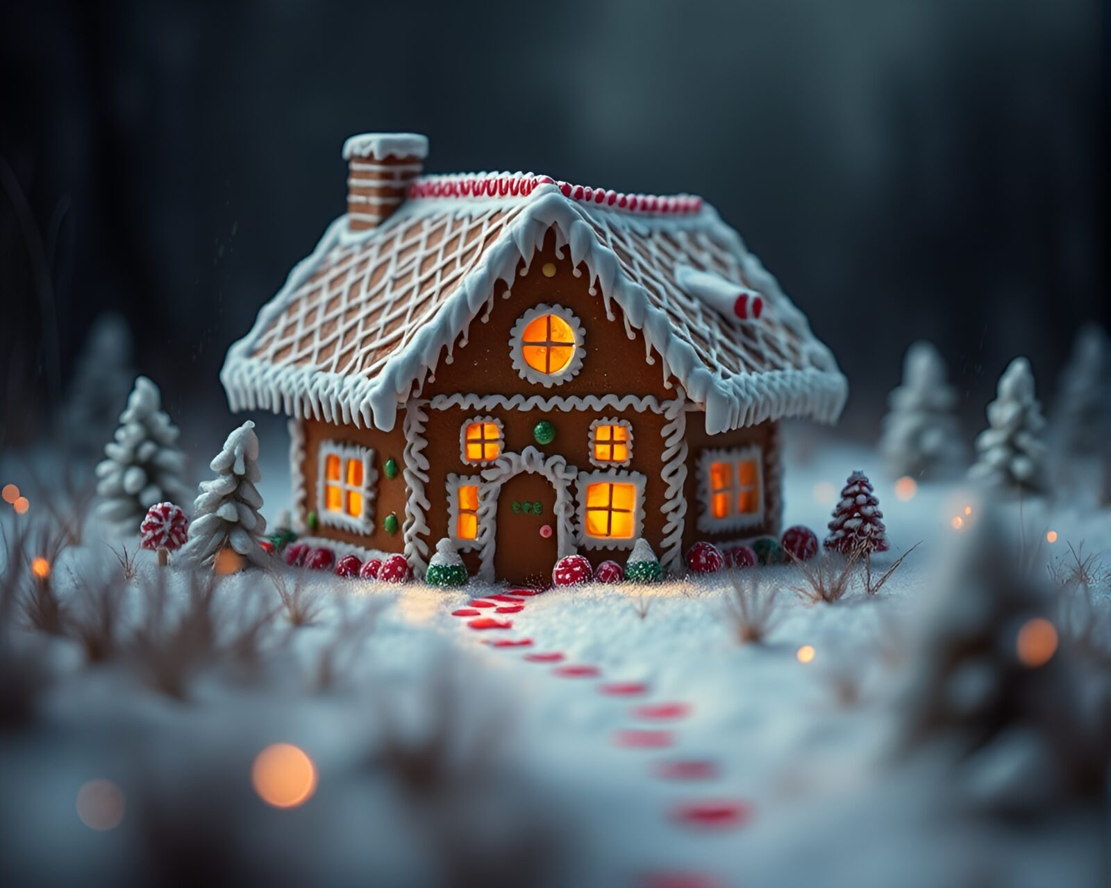 Soft focus gingerbread house in eerie basement setting