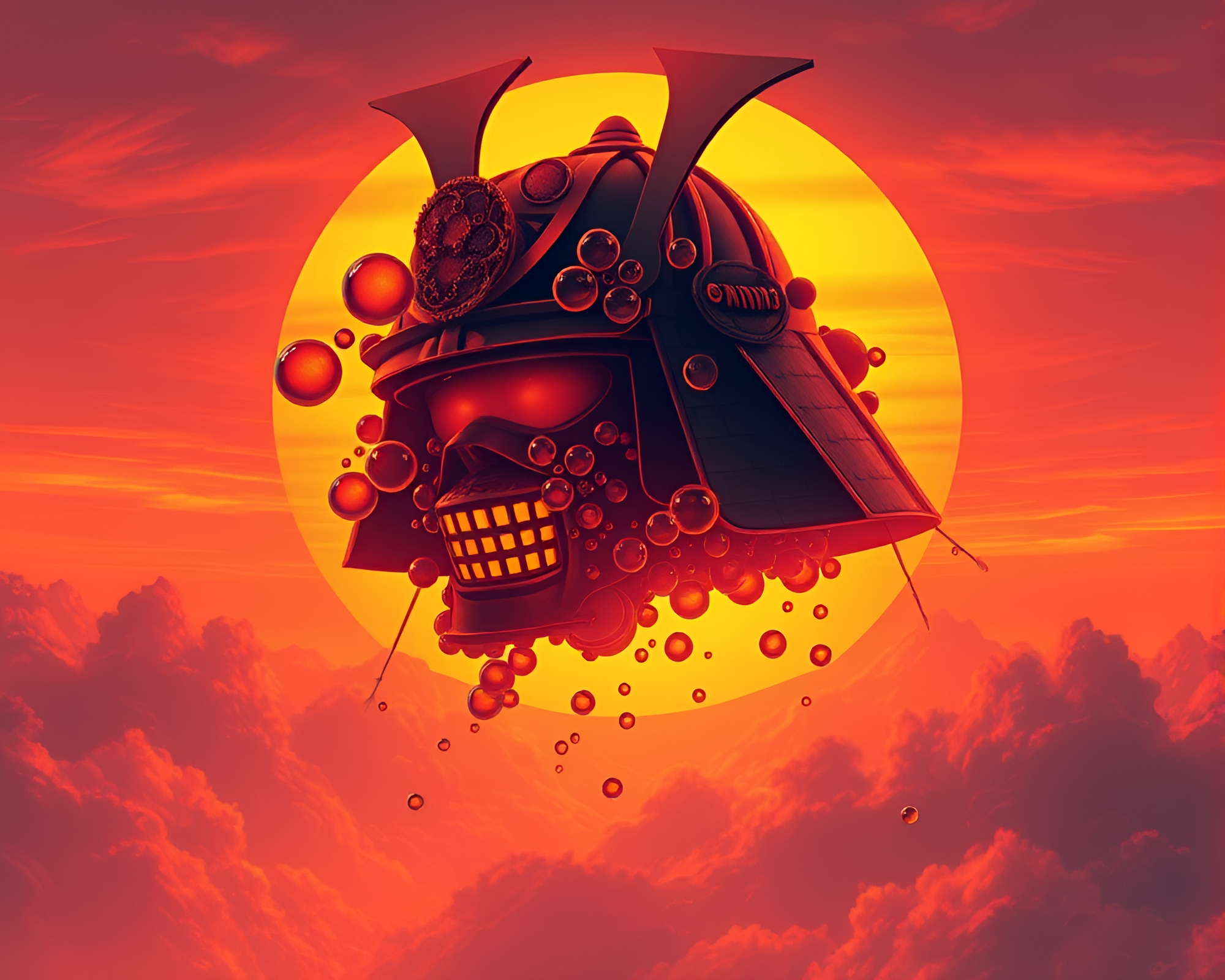 Surreal Samurai Helmet Amid Bubble Clusters at Sunset – free AI stock image