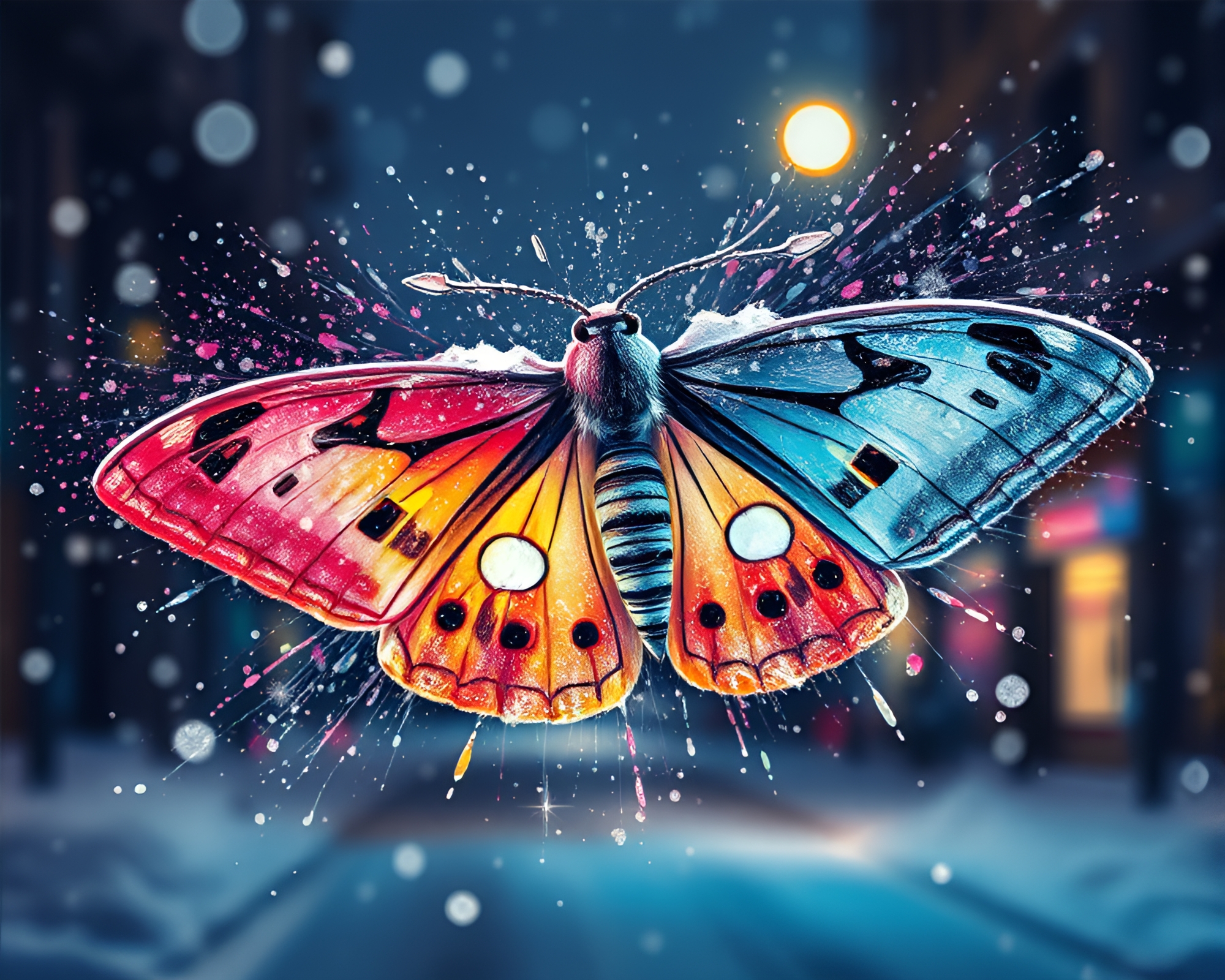 Mesmerizing Moth Street Art in Snow-Kissed Light – free AI stock image