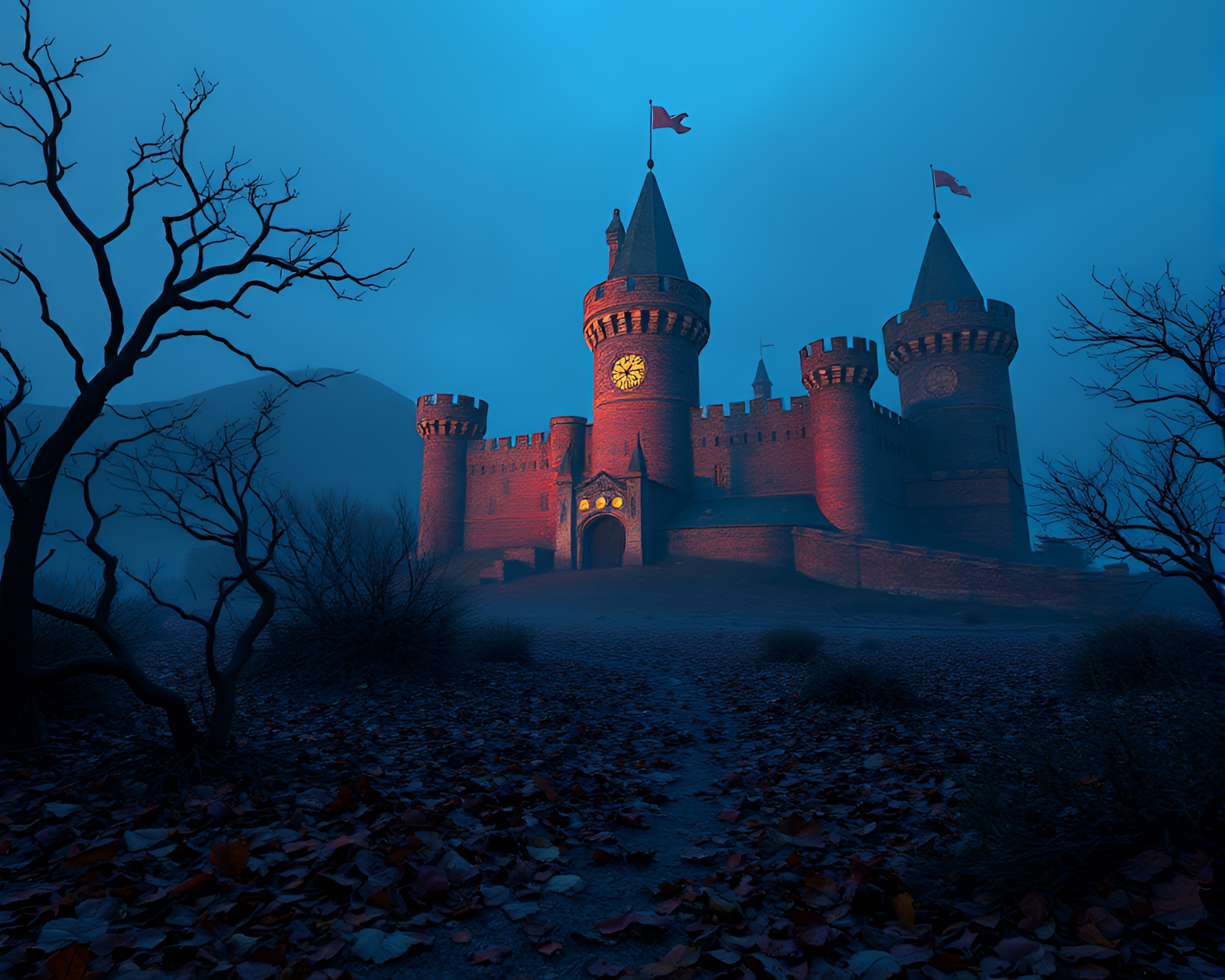 Abandoned Castle covered in Glitching Leaf Litter – free AI stock image
