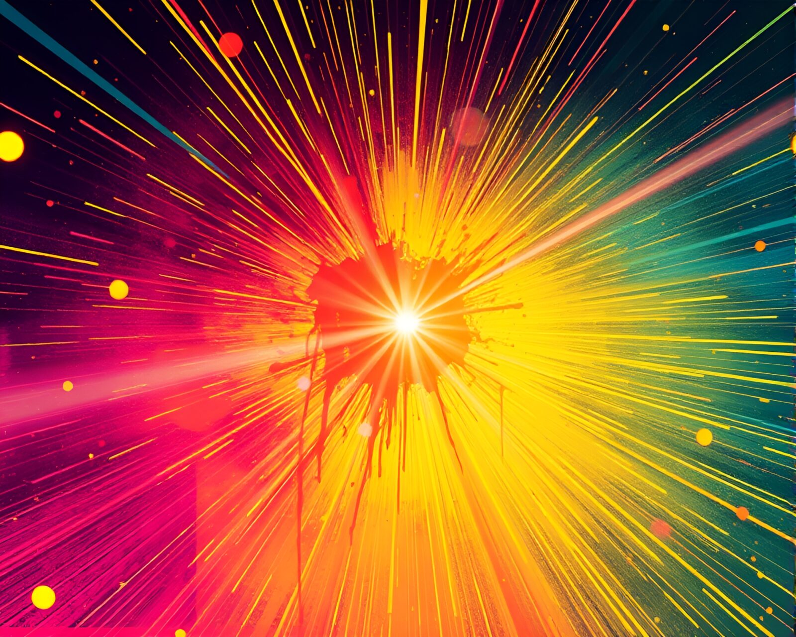 Colorful spray paint drips forming optical illusion with lens flare bursts