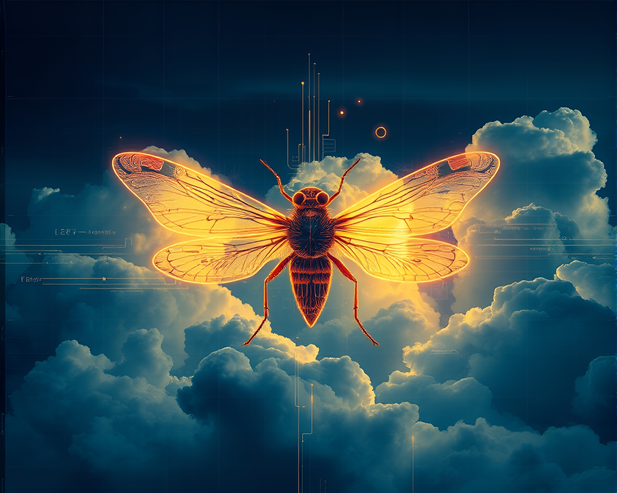 Cybernetic Eye in Fiery Cloudscape Blueprint Art – free AI stock image