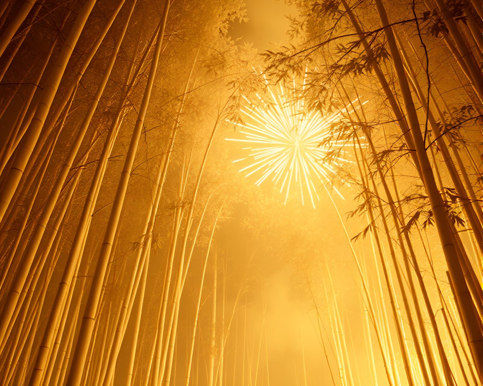 Sepia-toned image of fireworks bursting over a bamboo grove